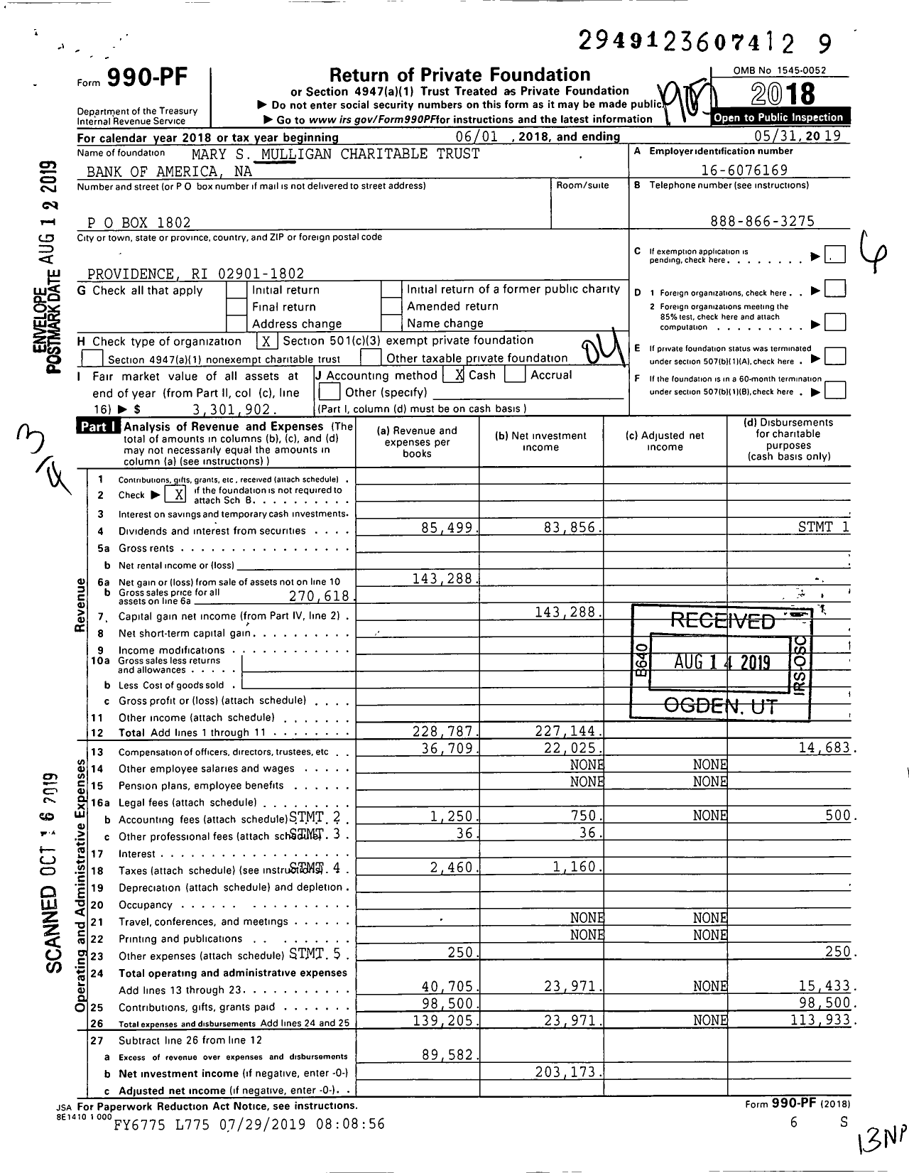 Image of first page of 2018 Form 990PF for Mary S Mulligan Charitable Trust