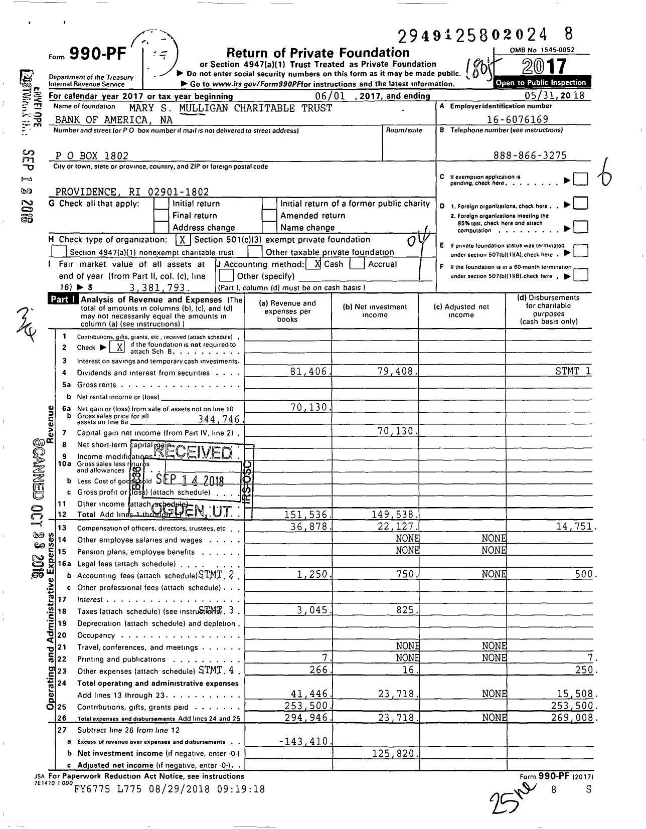 Image of first page of 2017 Form 990PF for Mary S Mulligan Charitable Trust