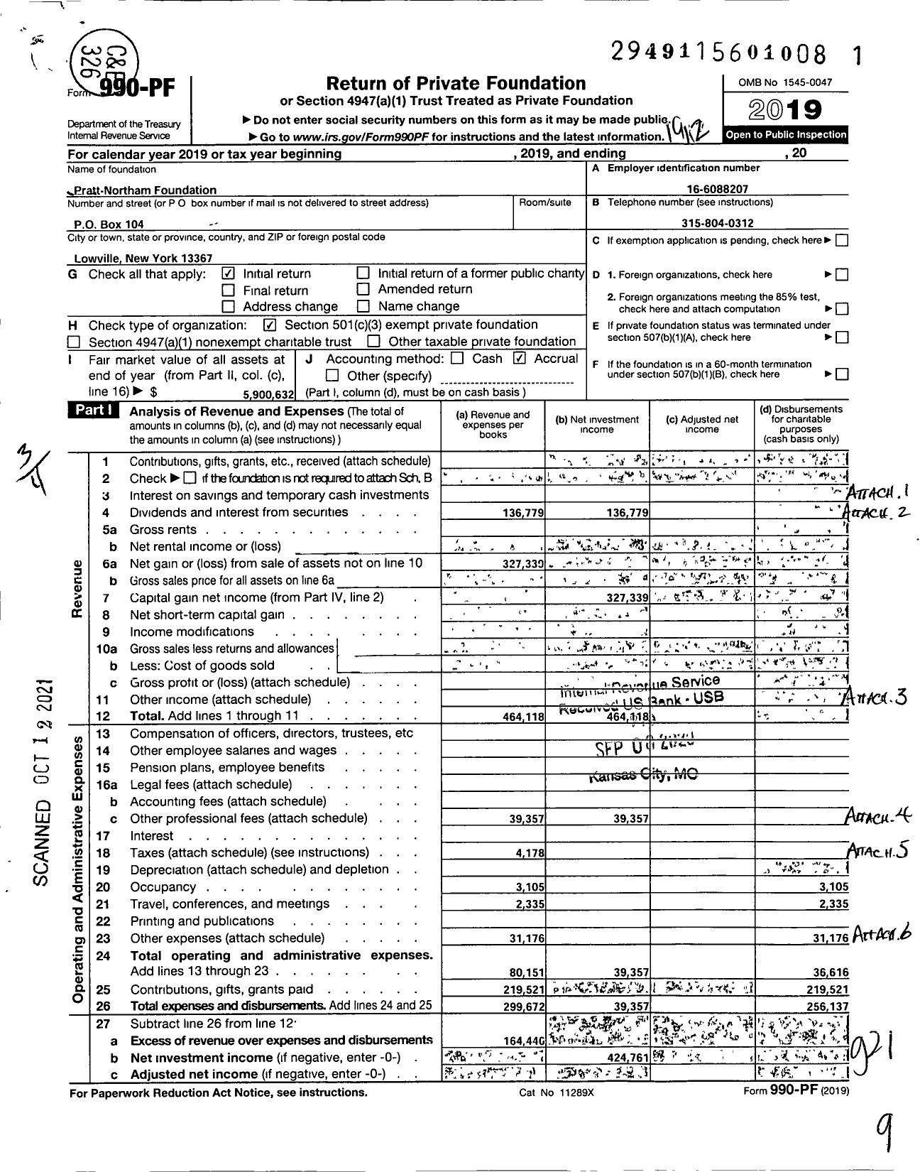 Image of first page of 2019 Form 990PF for Pratt-Northam Foundation