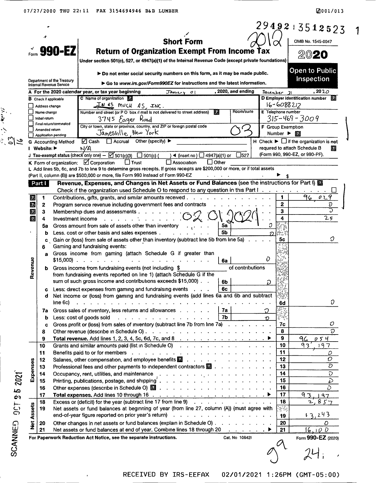 Image of first page of 2020 Form 990EZ for In As Much As