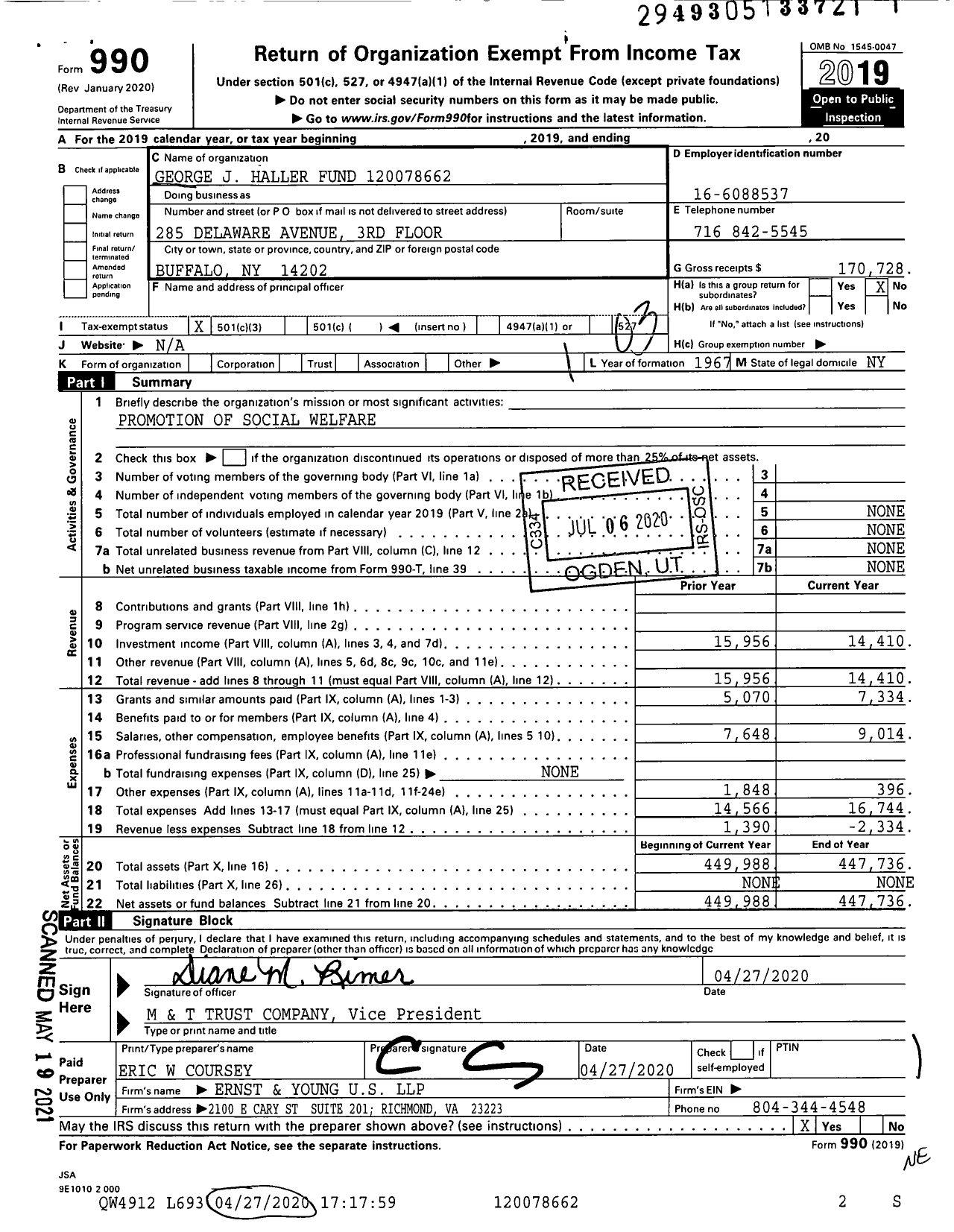 Image of first page of 2019 Form 990 for George J Haller Fund XXX-XX-XXXX