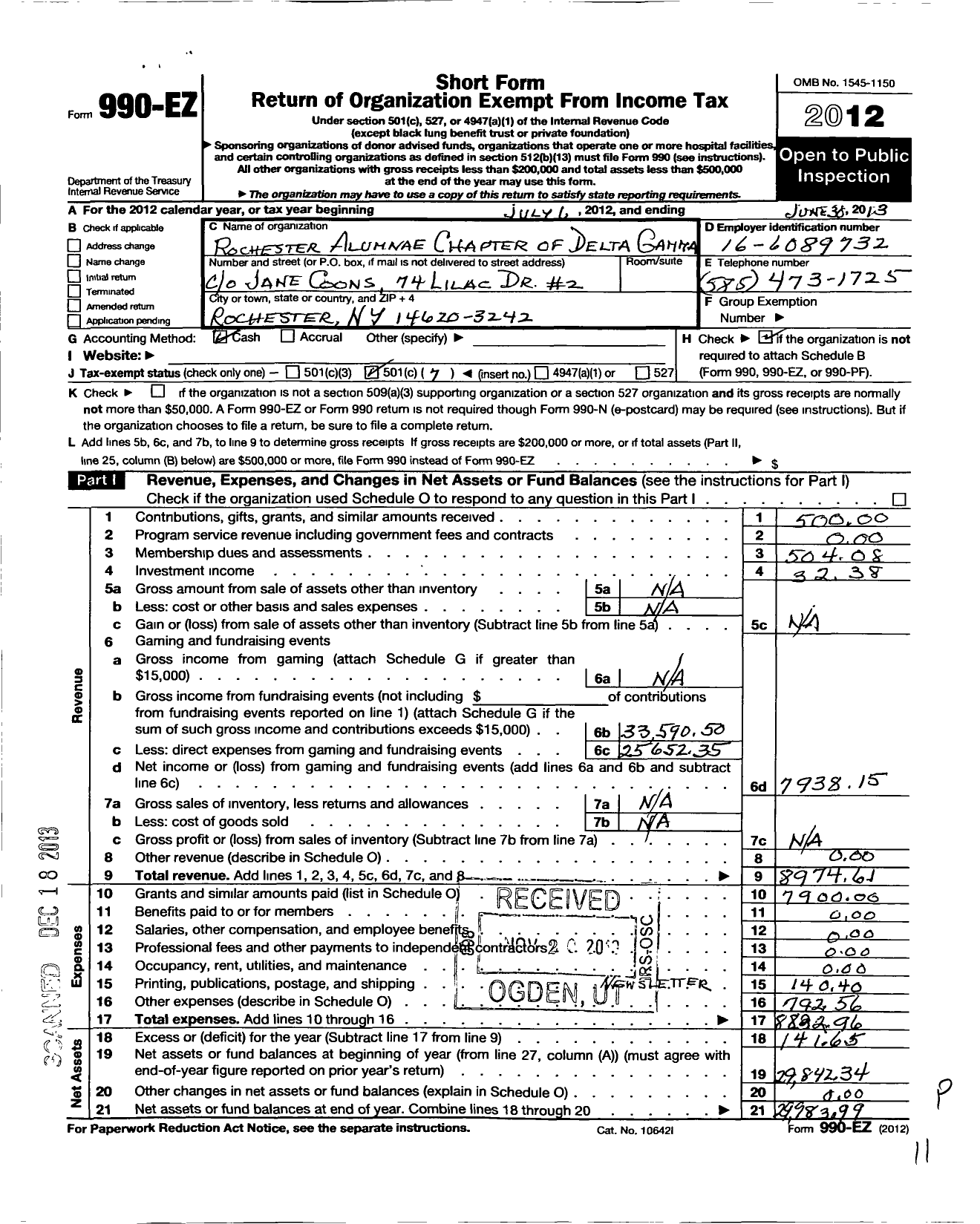 Image of first page of 2012 Form 990EO for Delta Gamma Fraternity / Rochester New York Alumnae Chapter