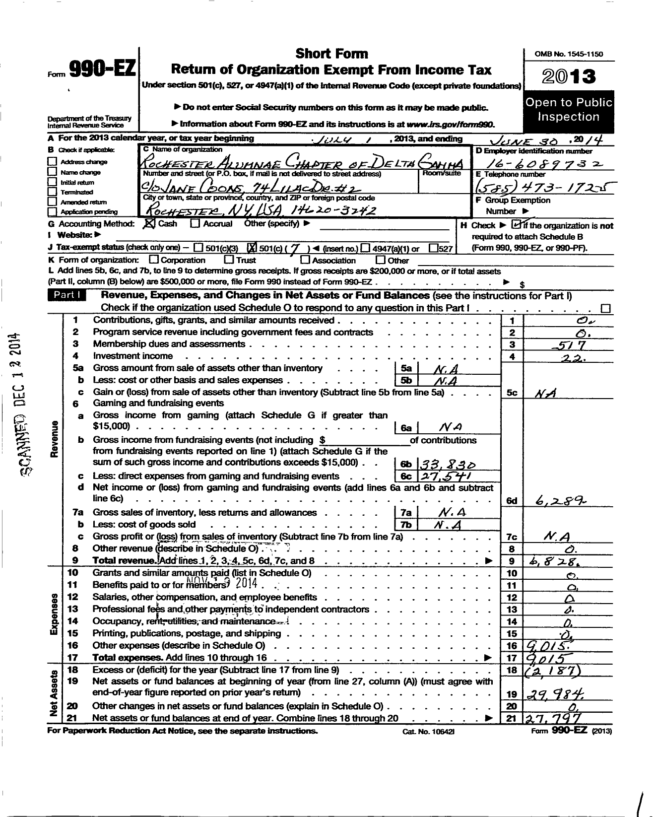 Image of first page of 2013 Form 990EO for Delta Gamma Fraternity / Rochester New York Alumnae Chapter