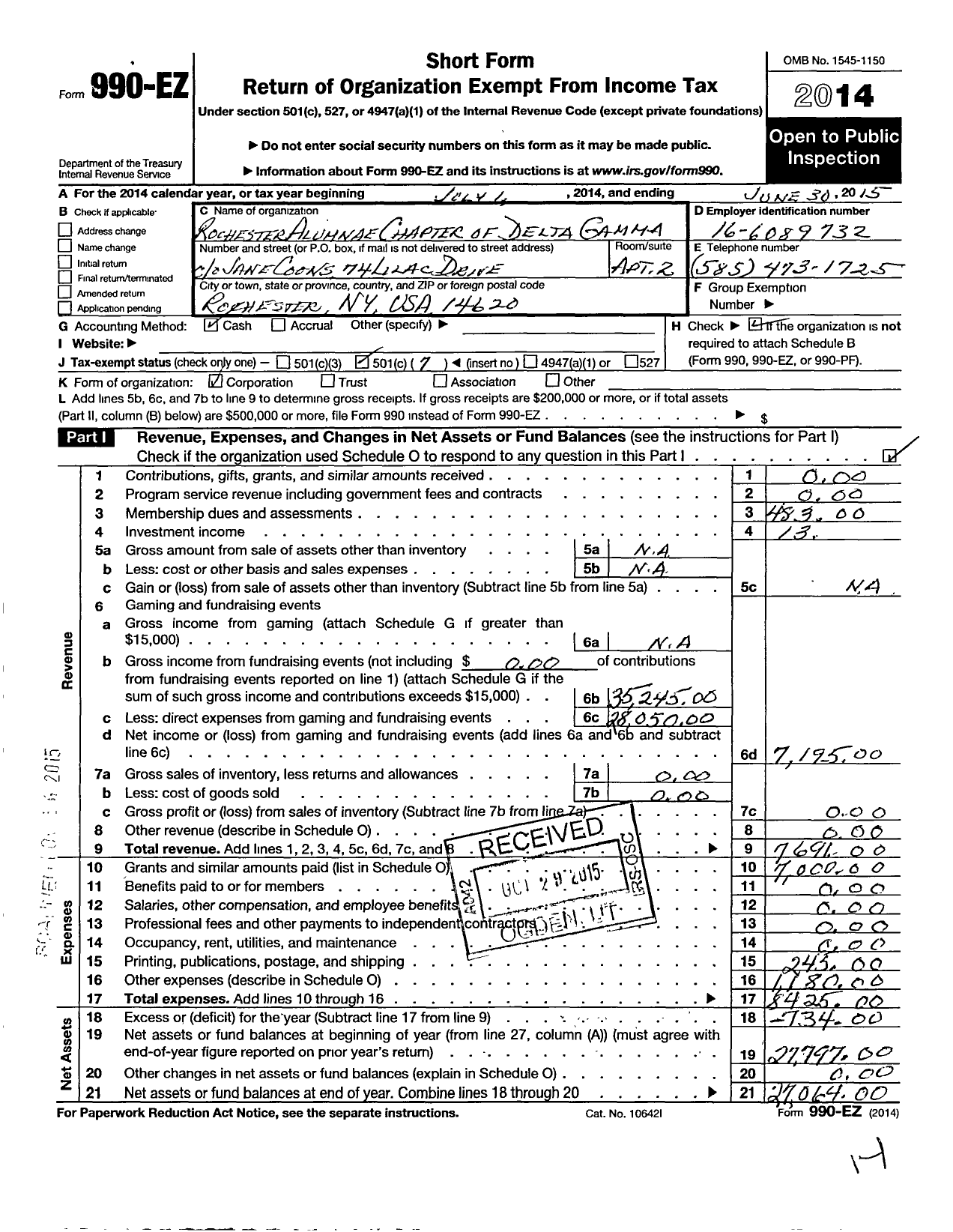 Image of first page of 2014 Form 990EO for Delta Gamma Fraternity / Rochester New York Alumnae Chapter