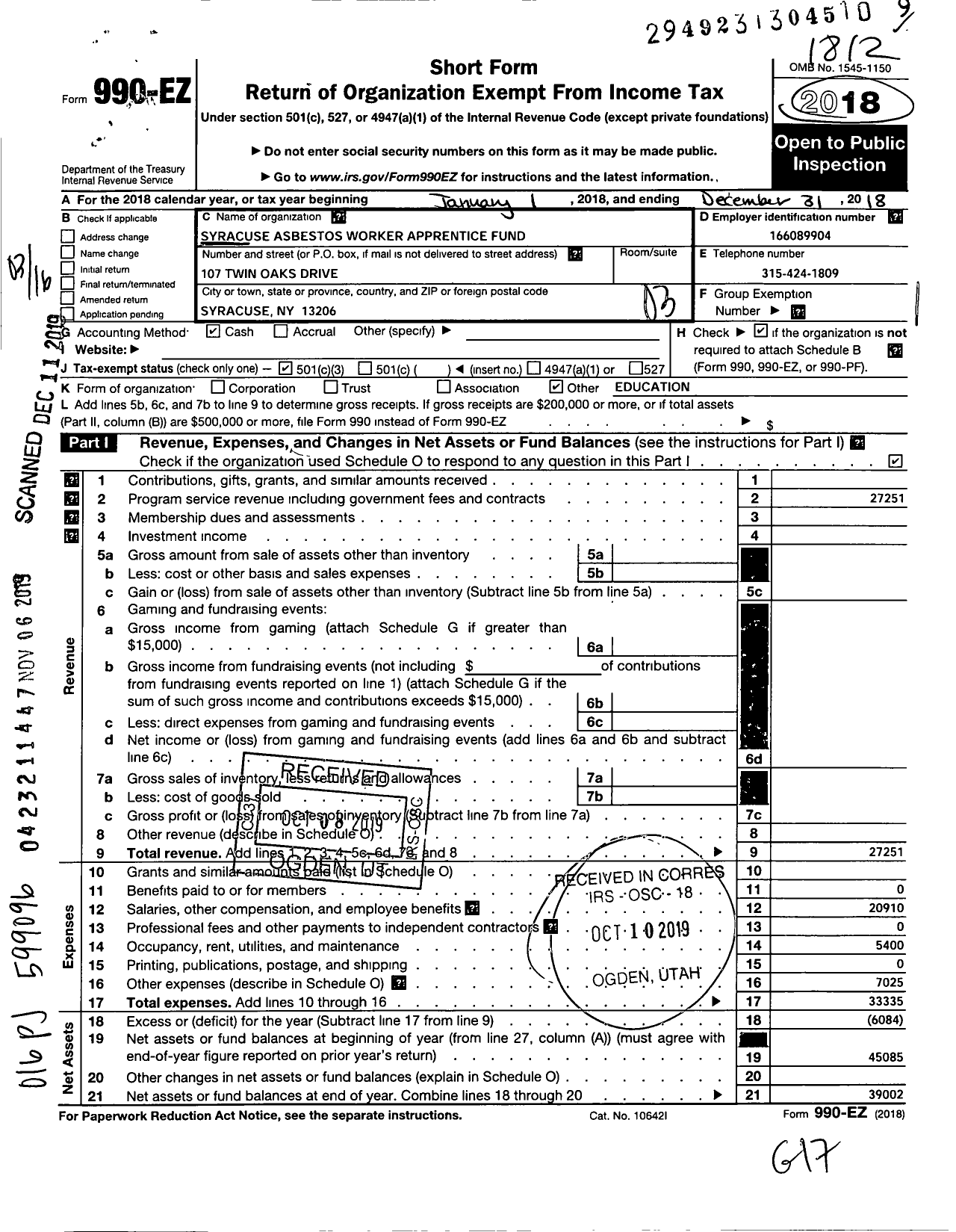 Image of first page of 2018 Form 990EZ for Syracuse Asbestos Workers Apprentice Fund