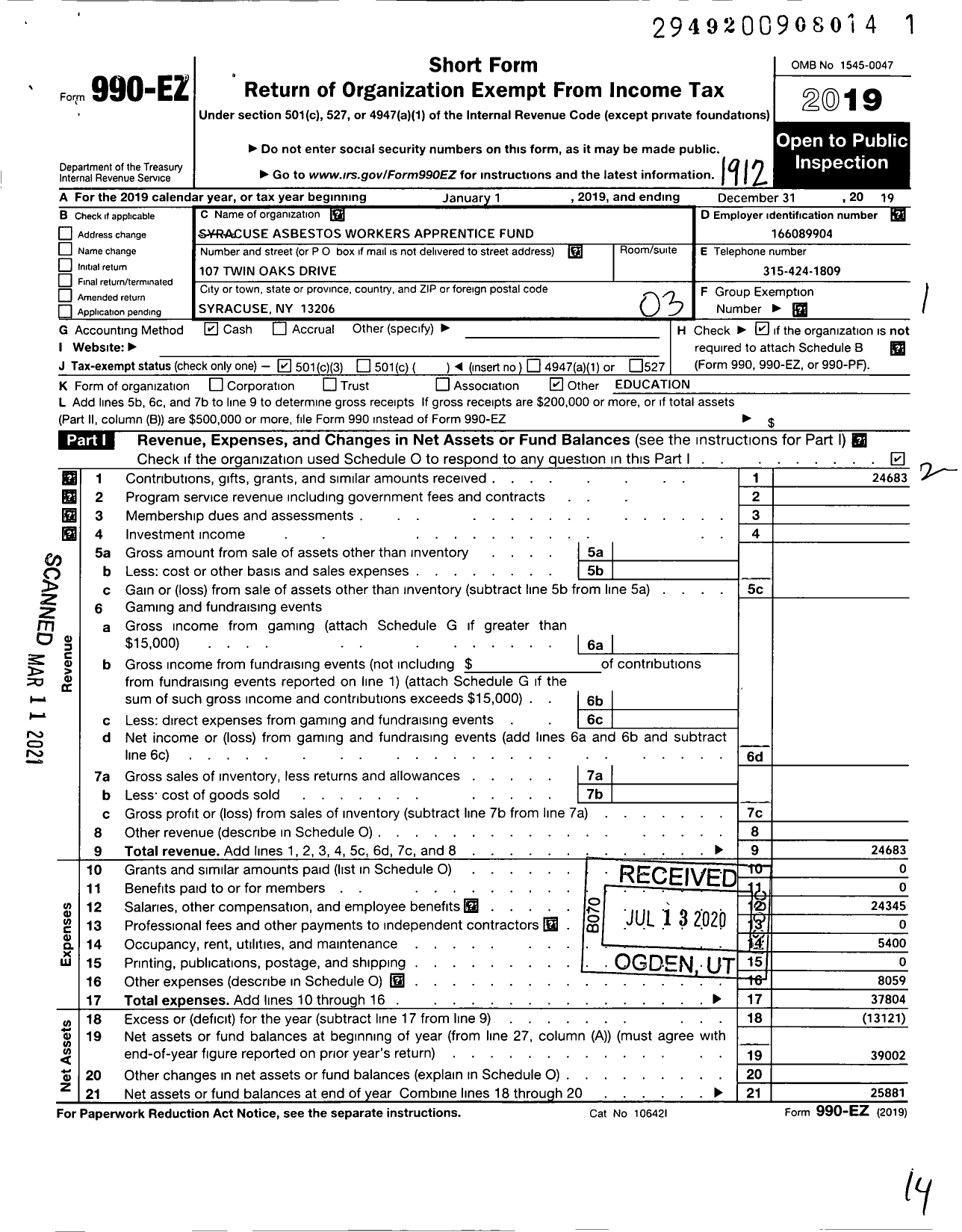 Image of first page of 2019 Form 990EZ for Syracuse Asbestos Workers Apprentice Fund