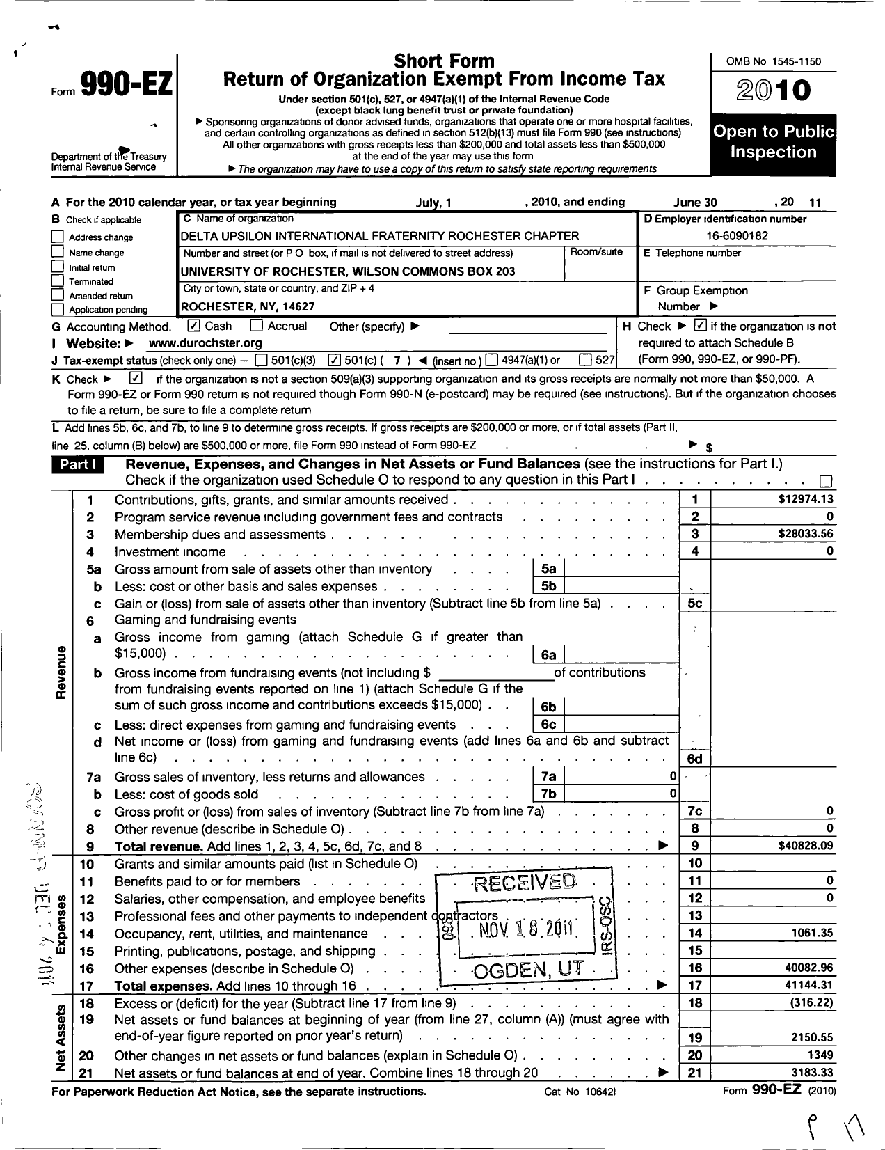 Image of first page of 2010 Form 990EO for Delta Upsilon Fraternity - Rochester University Chapter