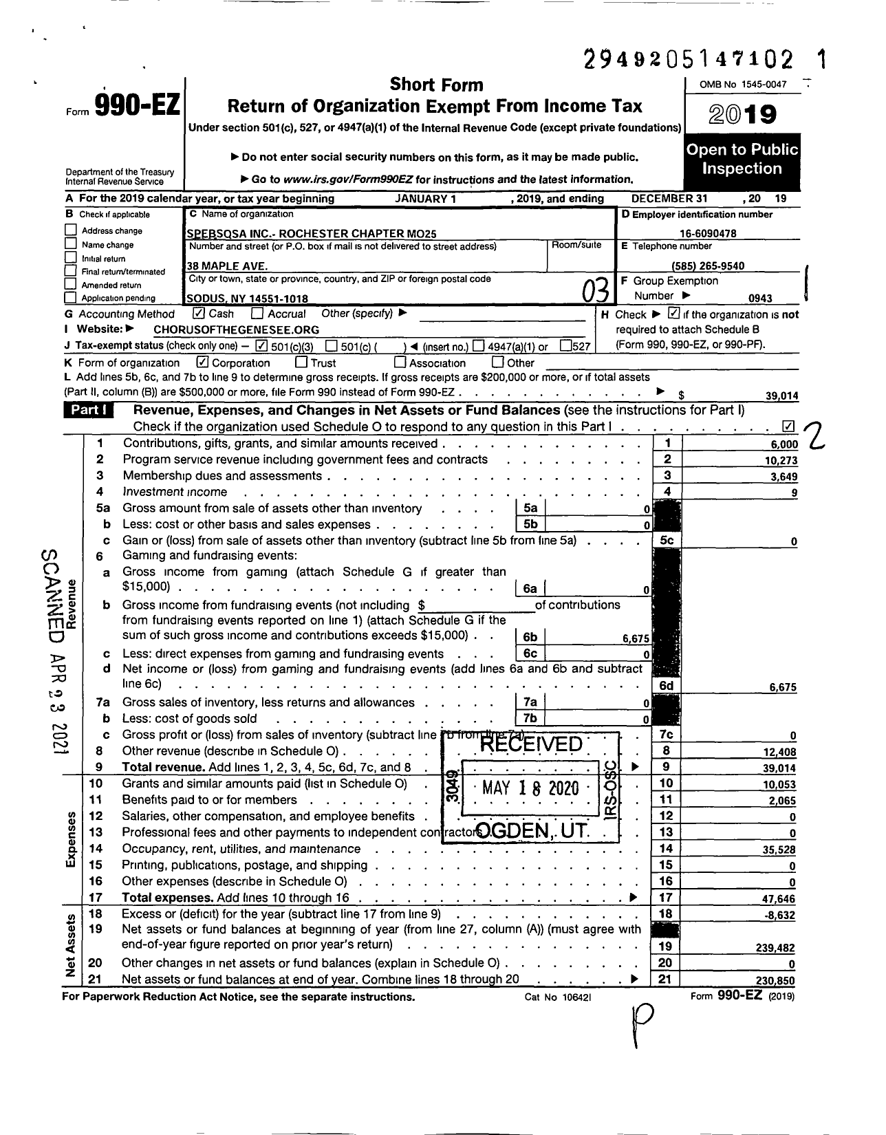 Image of first page of 2019 Form 990EZ for Barbershop Harmony Society - M025 Rochester