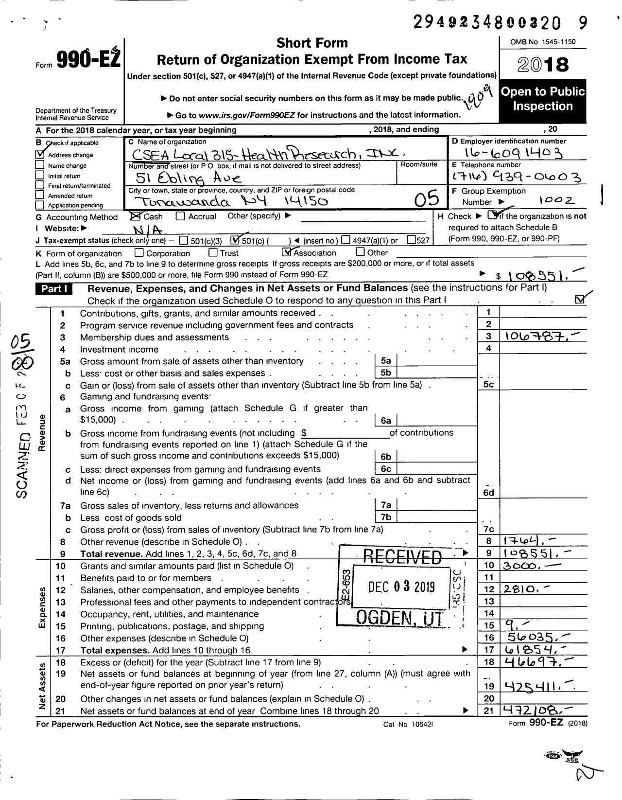 Image of first page of 2018 Form 990EO for Civil Service Employees Association - Health Research