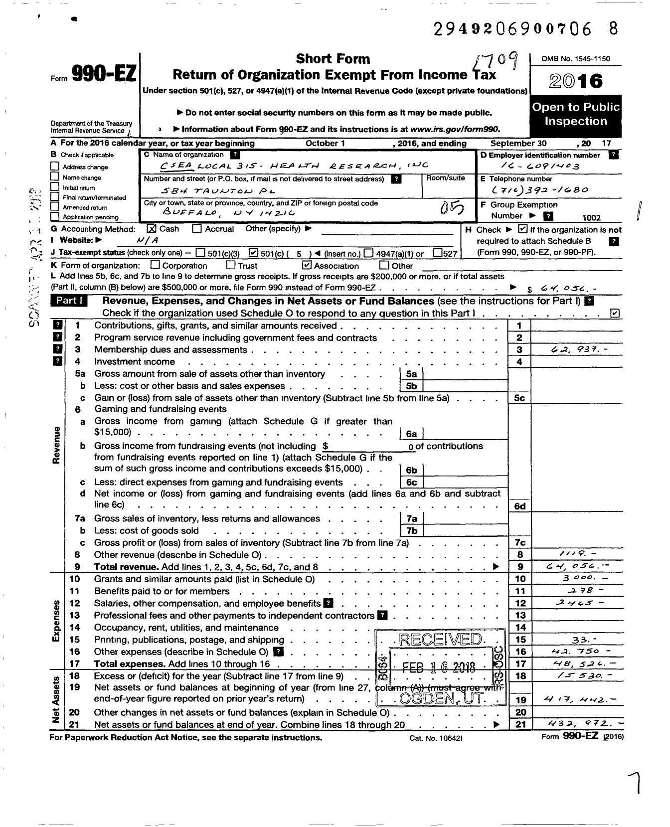 Image of first page of 2016 Form 990EO for Civil Service Employees Association - Health Research