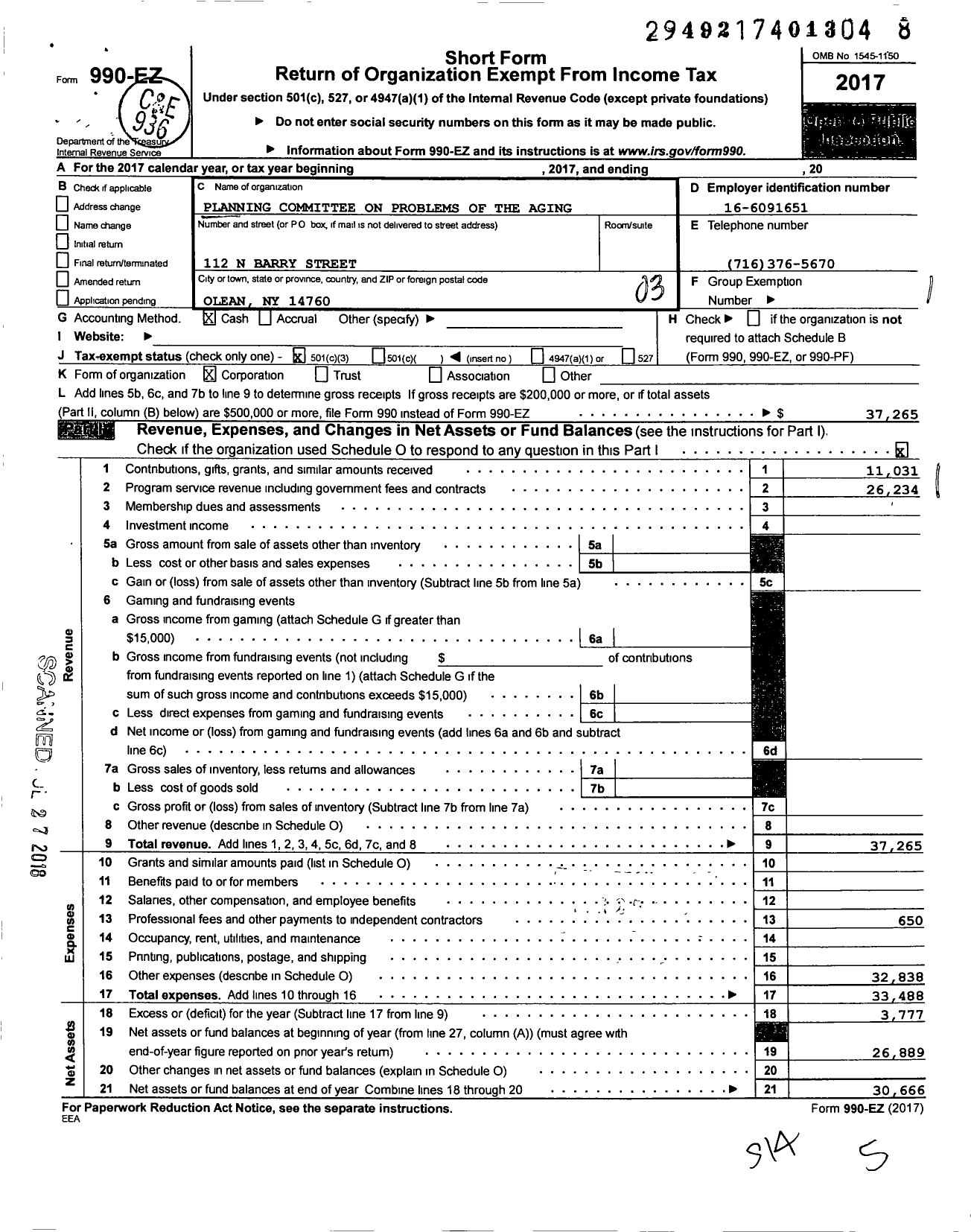 Image of first page of 2017 Form 990EZ for Planning Committee on the Problems of the Aging