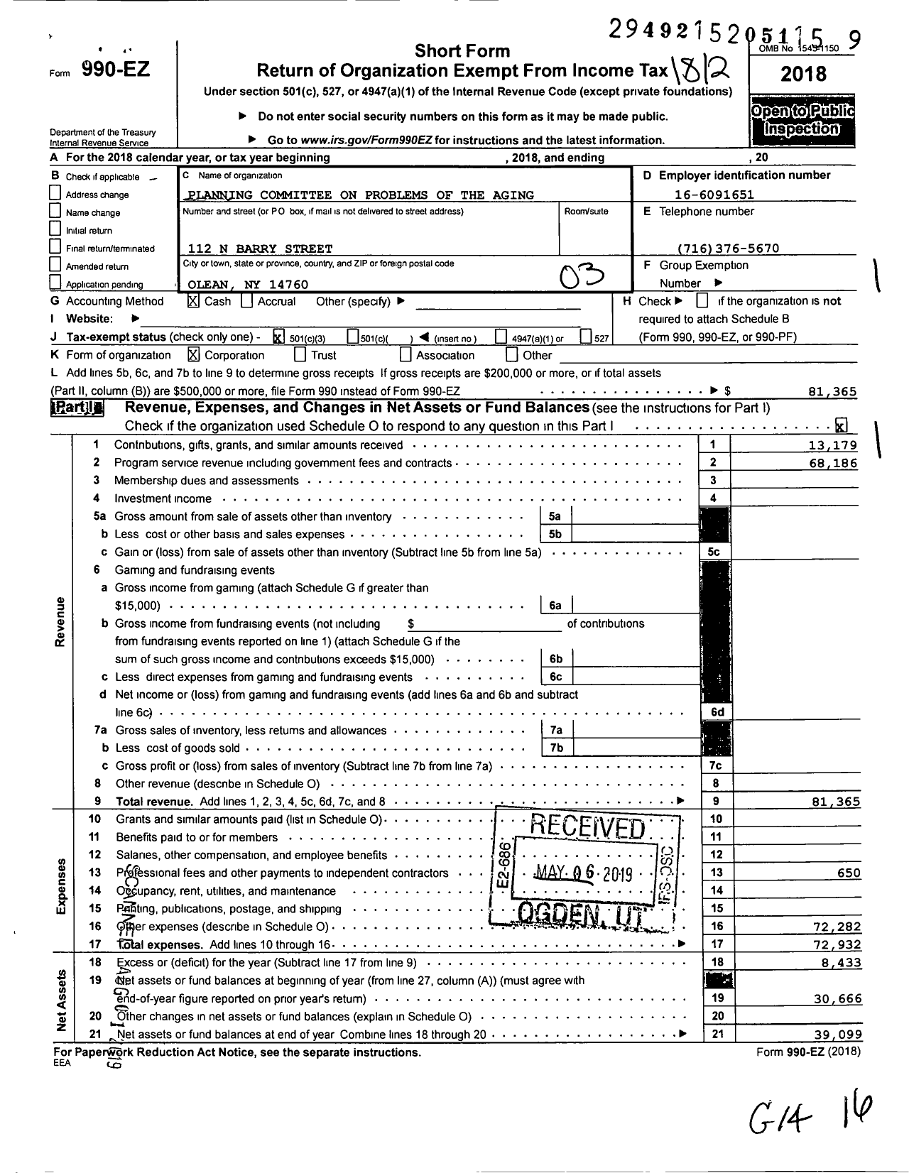 Image of first page of 2018 Form 990EZ for Planning Committee on the Problems of the Aging