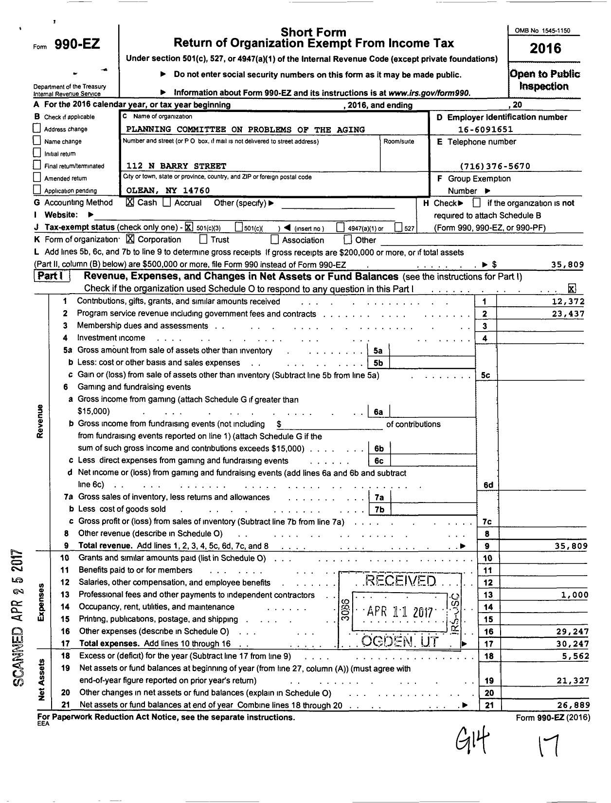 Image of first page of 2016 Form 990EZ for Planning Committee on the Problems of the Aging