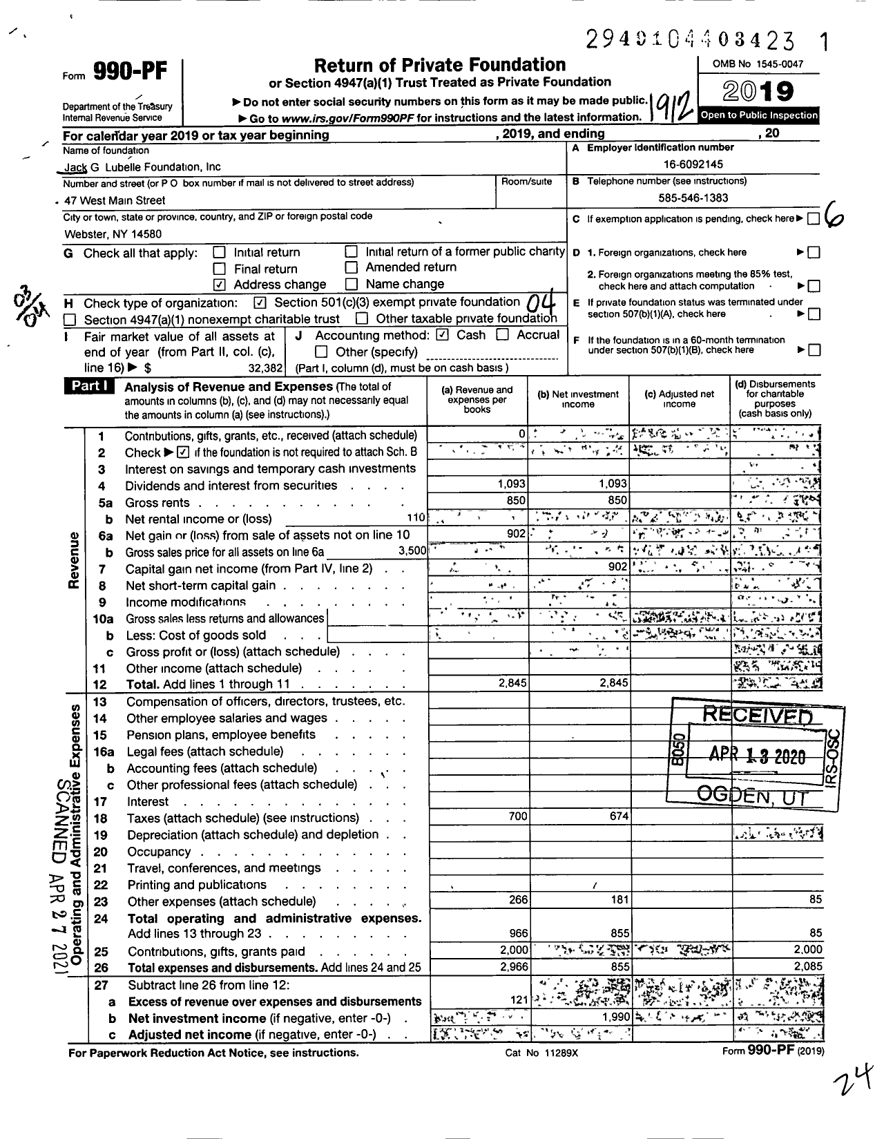 Image of first page of 2019 Form 990PF for Jack G Lubelle Foundation