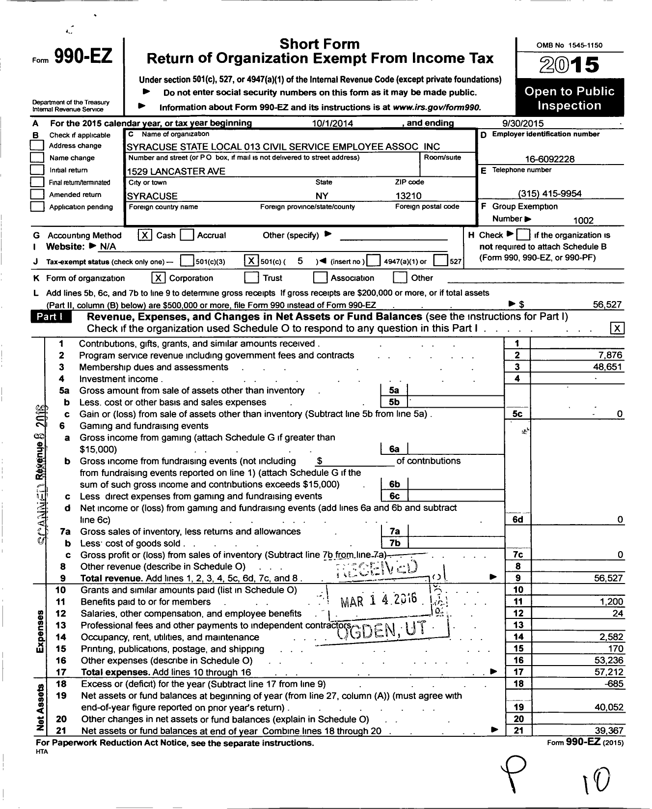 Image of first page of 2014 Form 990EO for Civil Service Employees Association - 0013 Syracuse State Employees