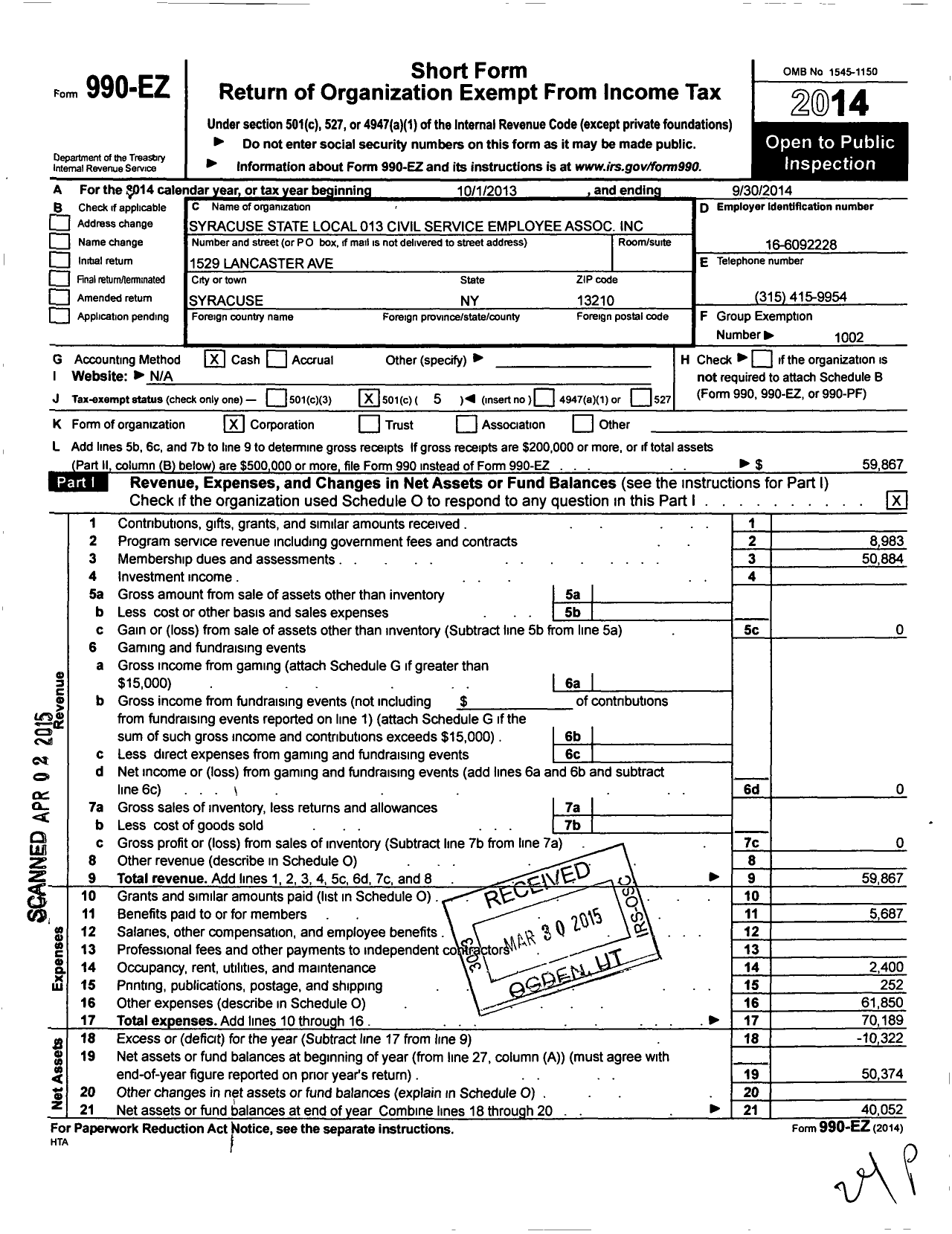 Image of first page of 2013 Form 990EO for Civil Service Employees Association - 0013 Syracuse State Employees