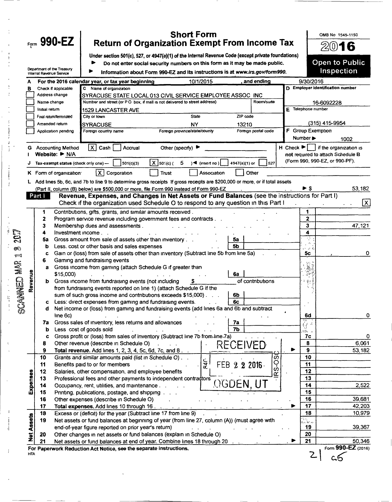 Image of first page of 2015 Form 990EO for Civil Service Employees Association - 0013 Syracuse State Employees