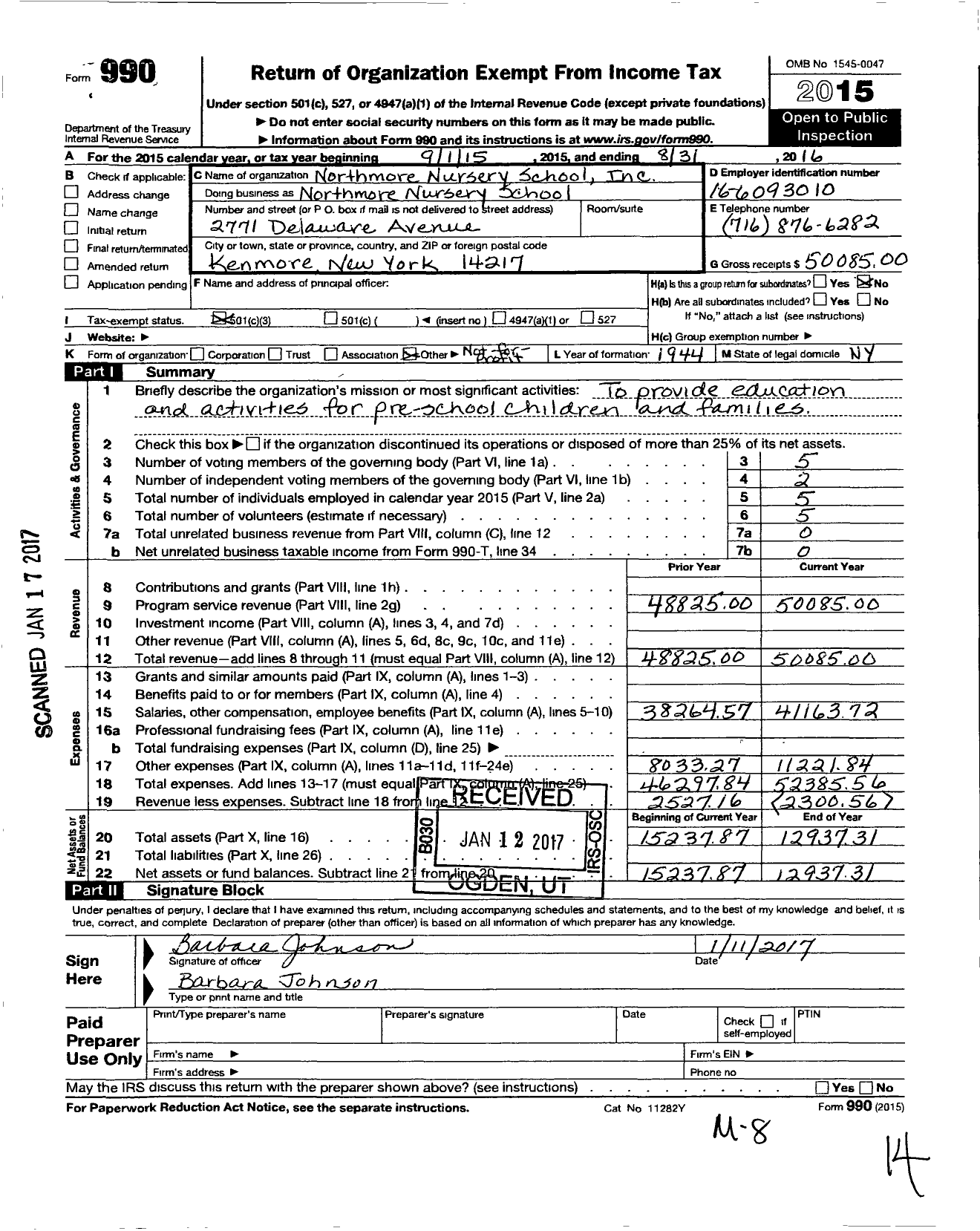 Image of first page of 2015 Form 990 for Northmore Nursery School