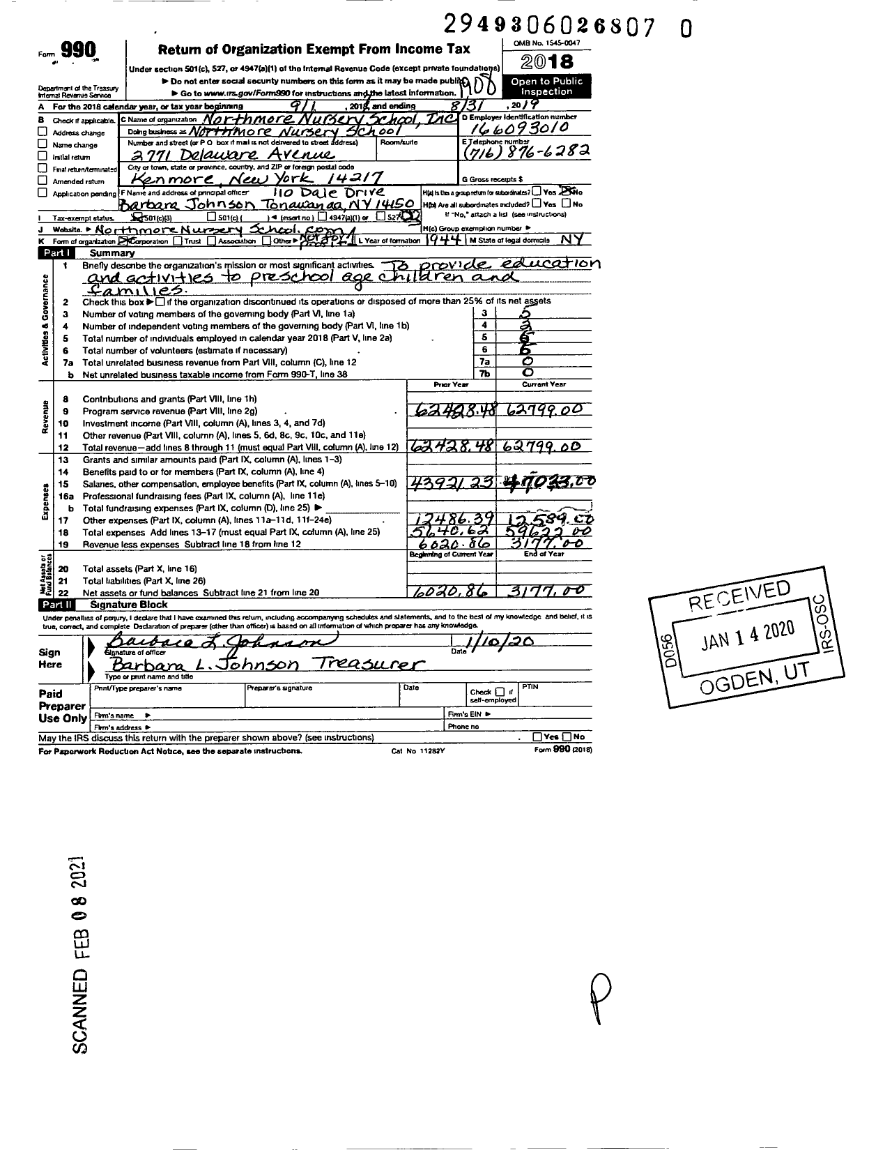 Image of first page of 2018 Form 990 for Northmore Nursery School