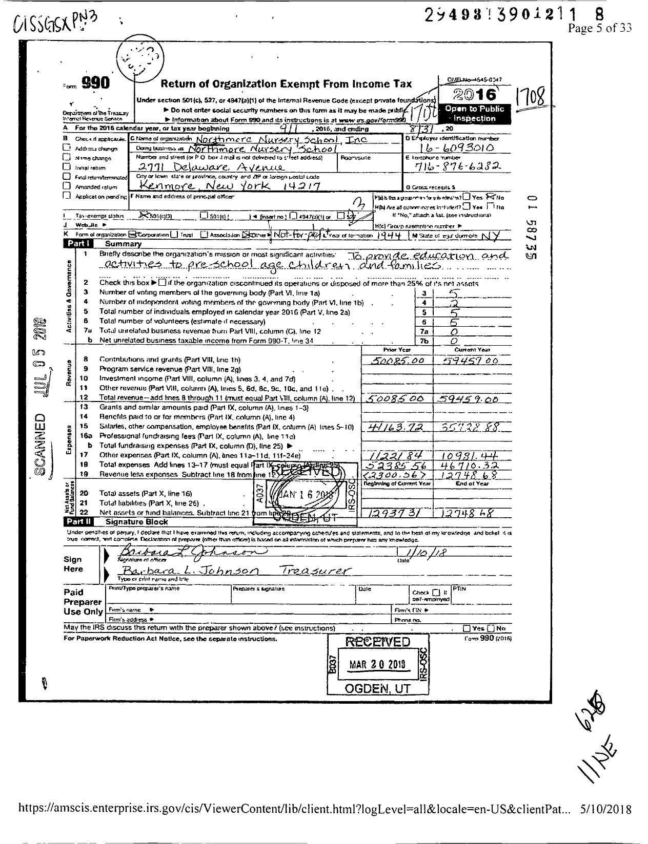 Image of first page of 2016 Form 990 for Northmore Nursery School