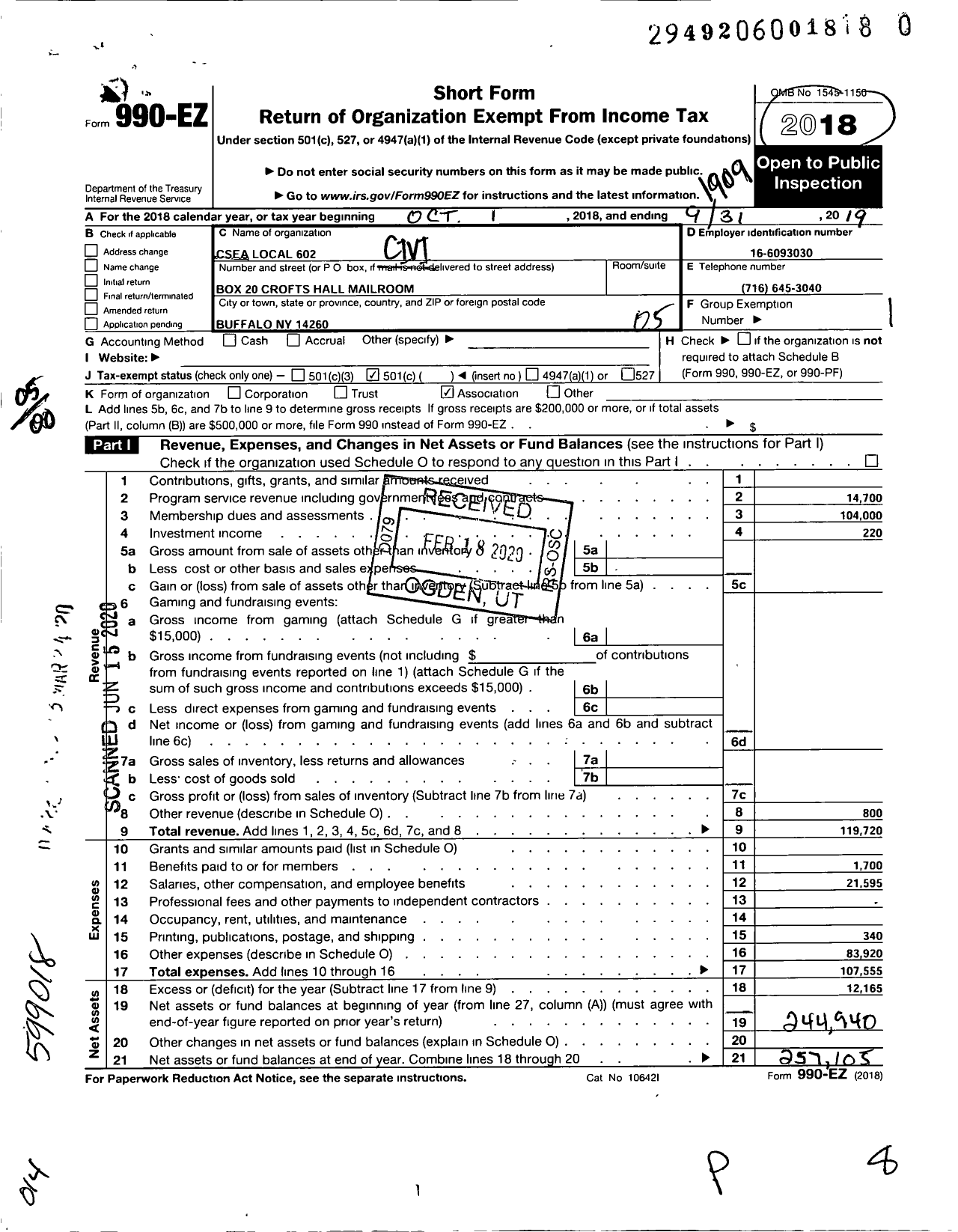 Image of first page of 2018 Form 990EO for Civil Service Employees Association - 0602 Suny at Buffalo