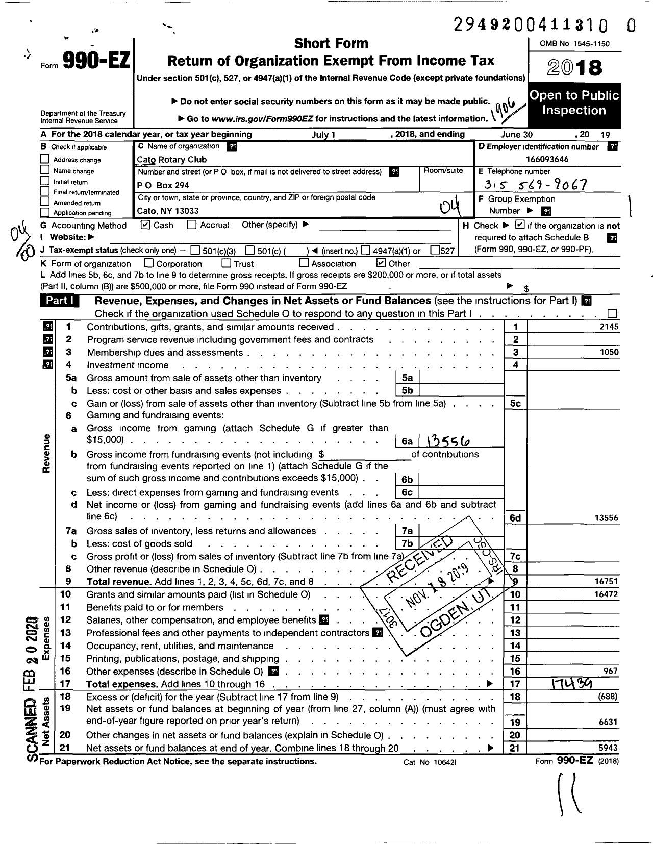 Image of first page of 2018 Form 990EO for Rotary International - Cato Rotary Club