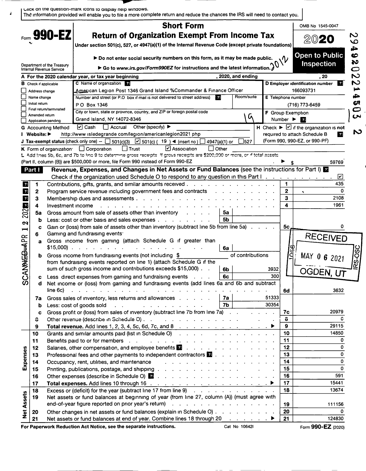 Image of first page of 2020 Form 990EO for American Legion - 1346 Grand Island