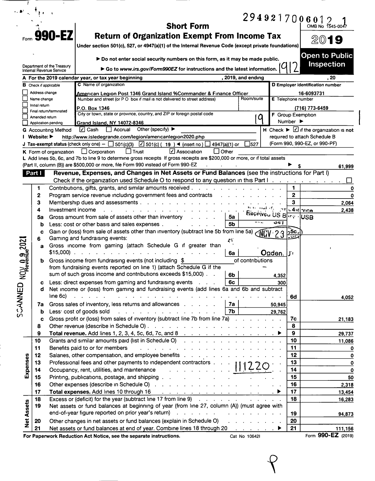 Image of first page of 2019 Form 990EO for American Legion - 1346 Grand Island