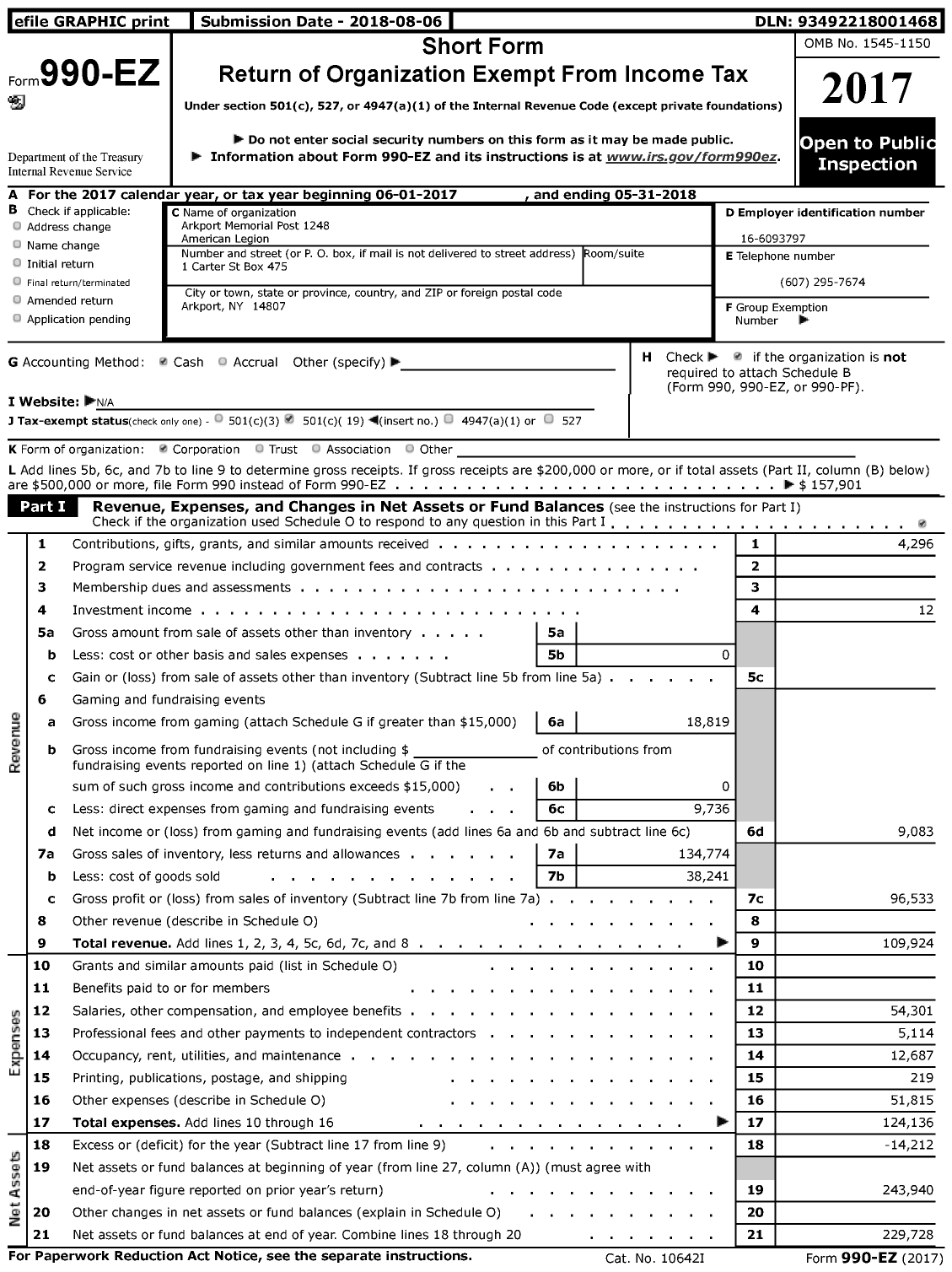 Image of first page of 2017 Form 990EZ for American Legion - 1248 Arkport Memorial