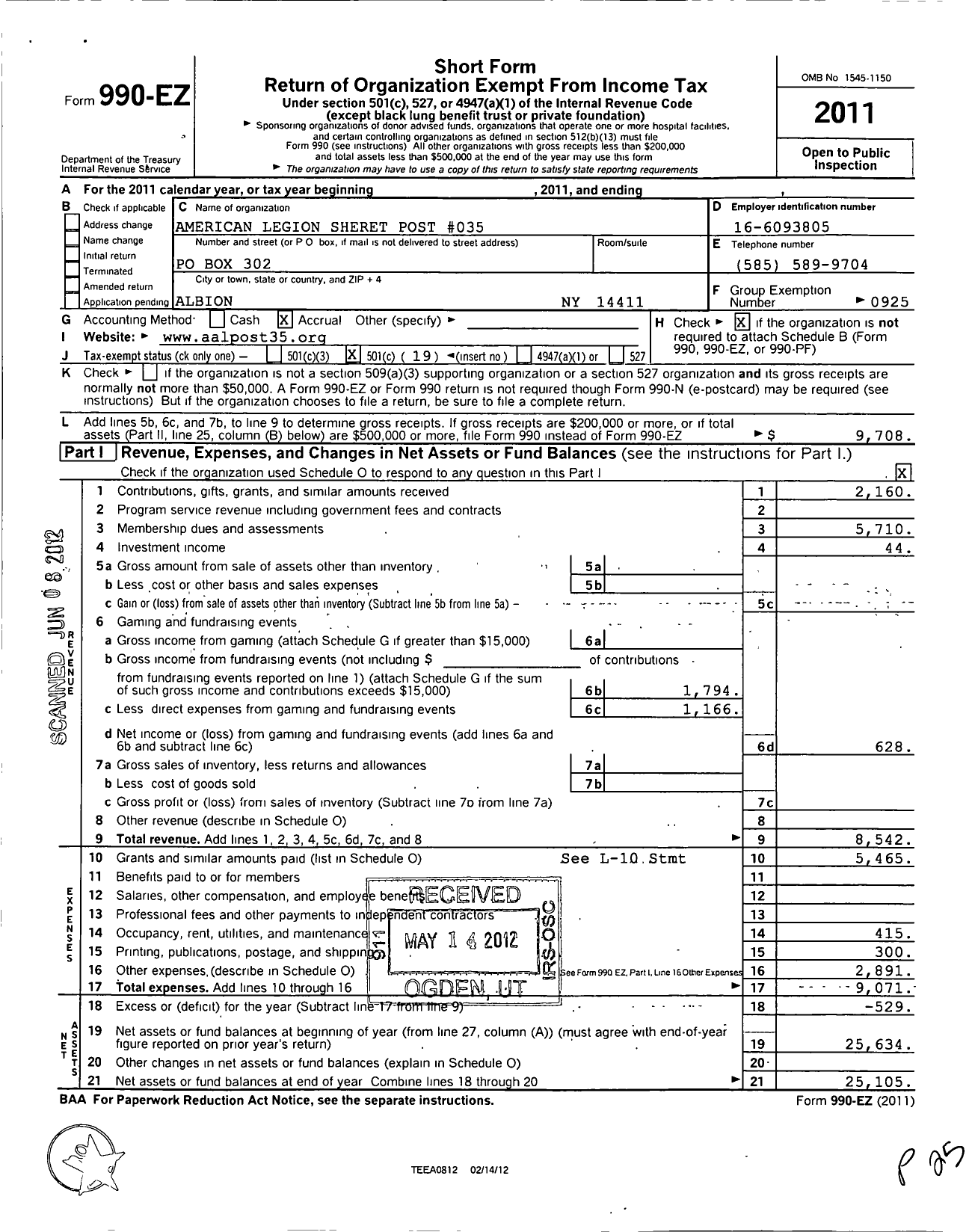 Image of first page of 2011 Form 990EO for American Legion Post No 35 Sheret Post