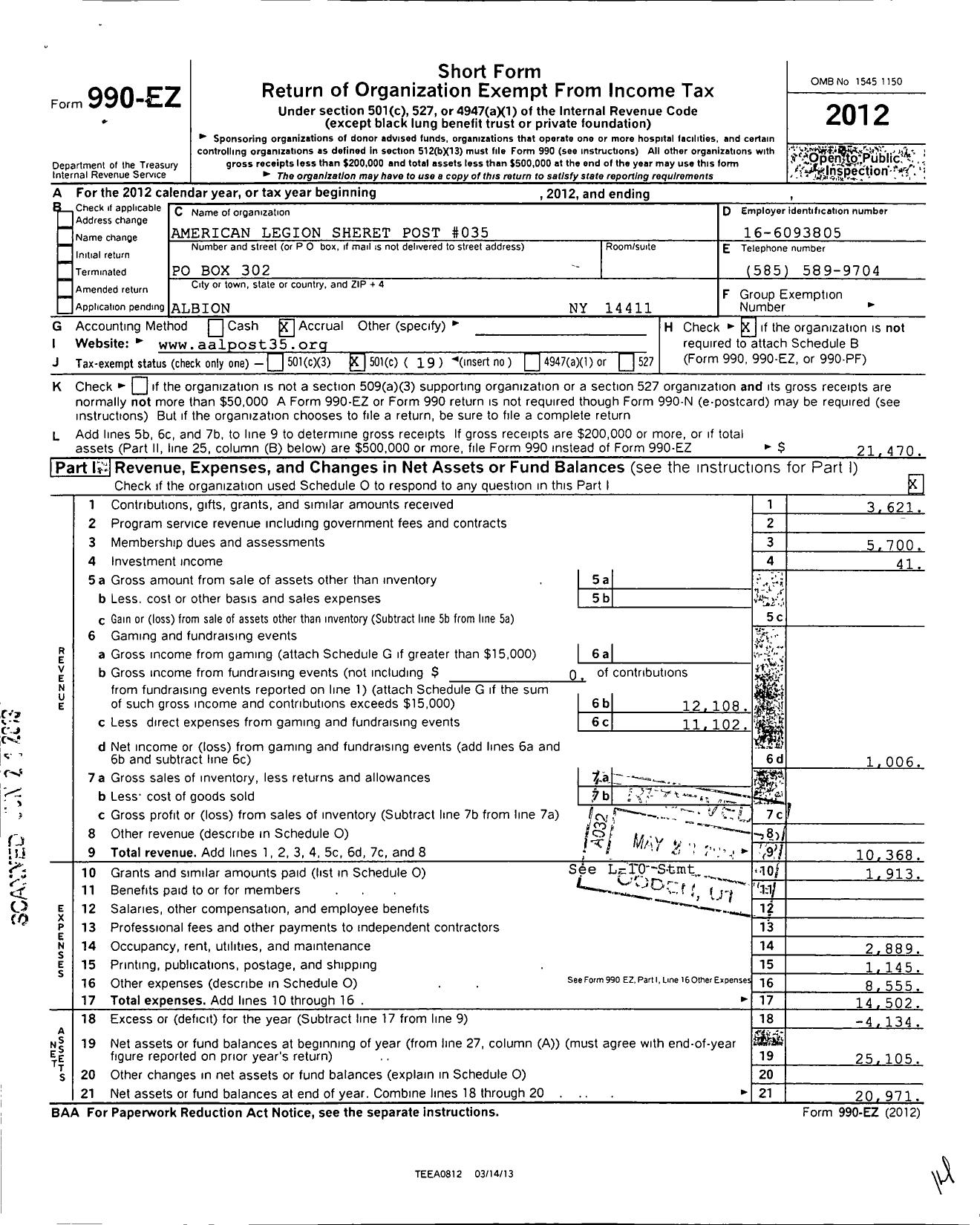 Image of first page of 2012 Form 990EO for American Legion Post No 35 Sheret Post
