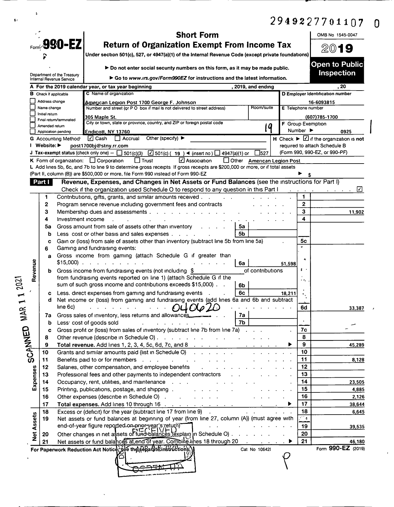 Image of first page of 2019 Form 990EO for American Legion - 1700 George F Johnson