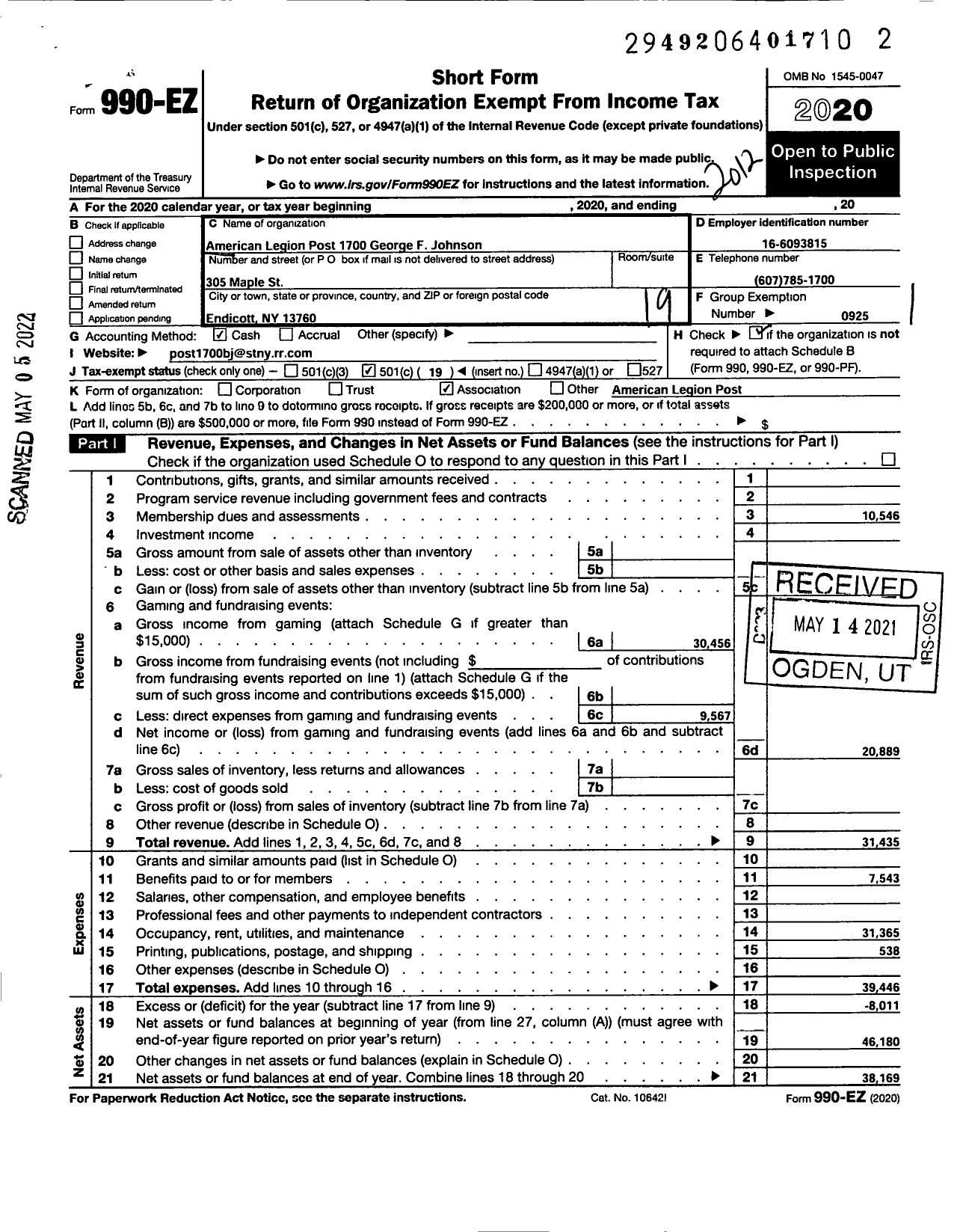 Image of first page of 2020 Form 990EO for American Legion - 1700 George F Johnson