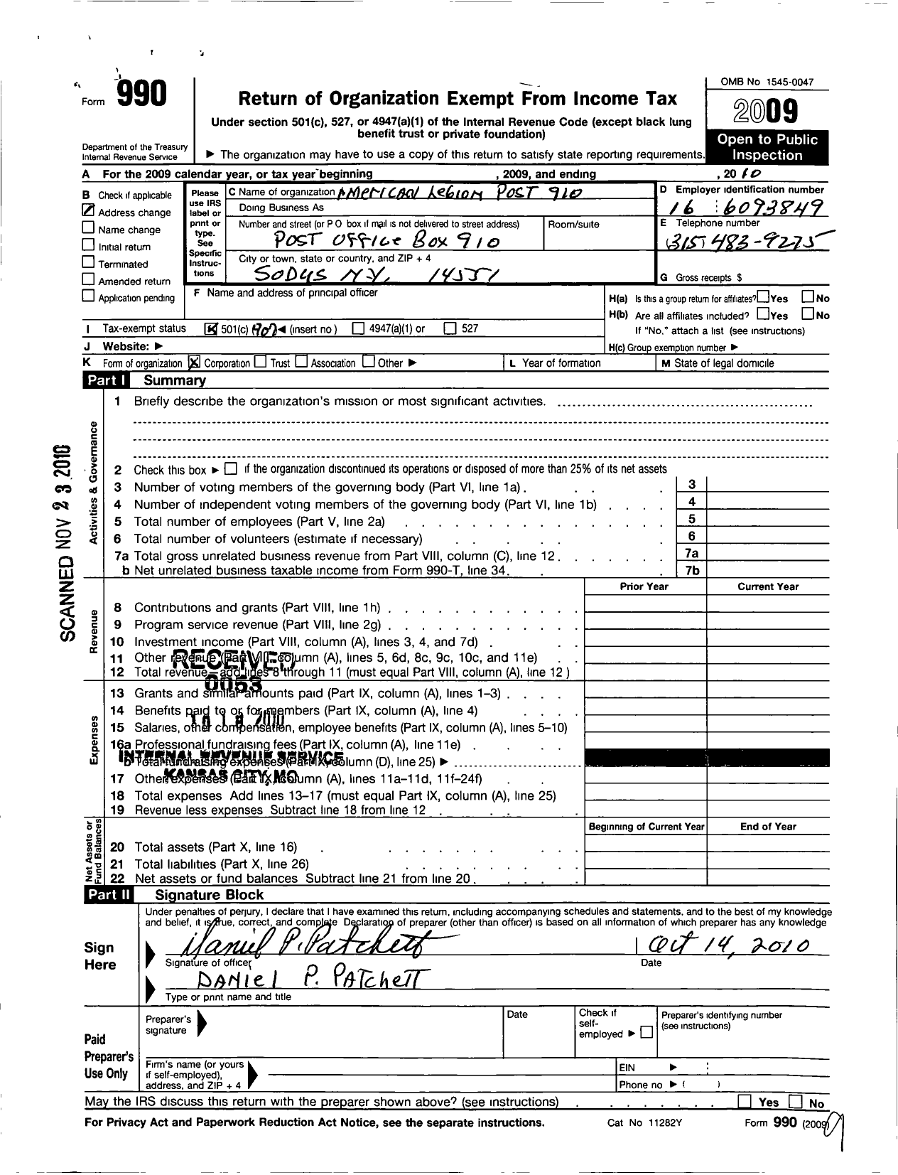 Image of first page of 2010 Form 990O for Frank B Verschoot Memorial Post No 910