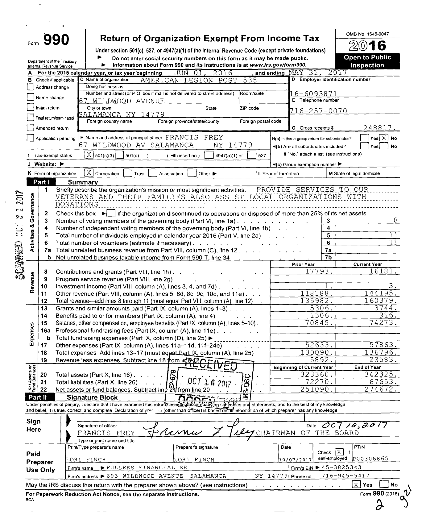 Image of first page of 2016 Form 990 for American Legion - 0535 Hughes-Skiba