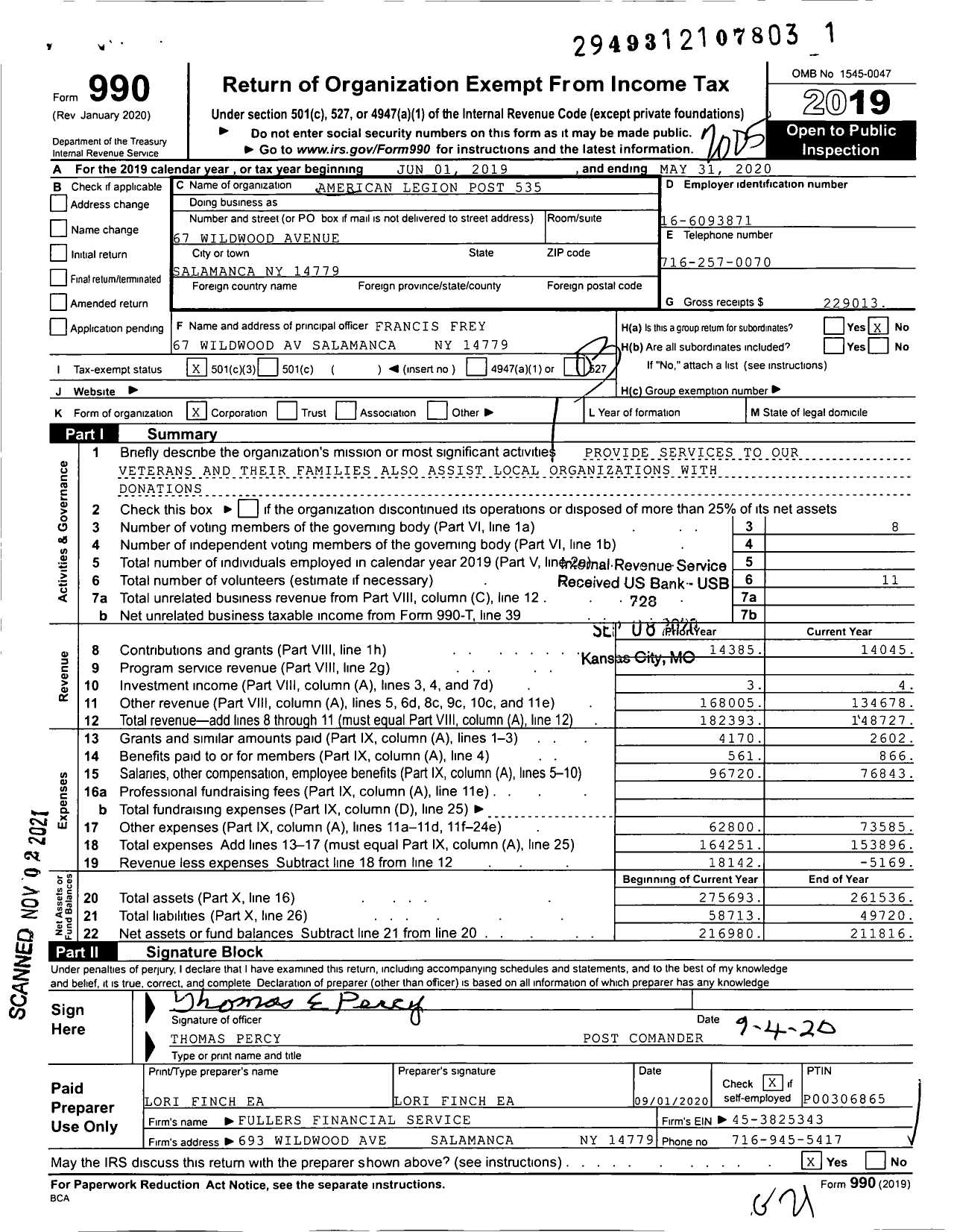 Image of first page of 2019 Form 990 for American Legion - 0535 Hughes-Skiba