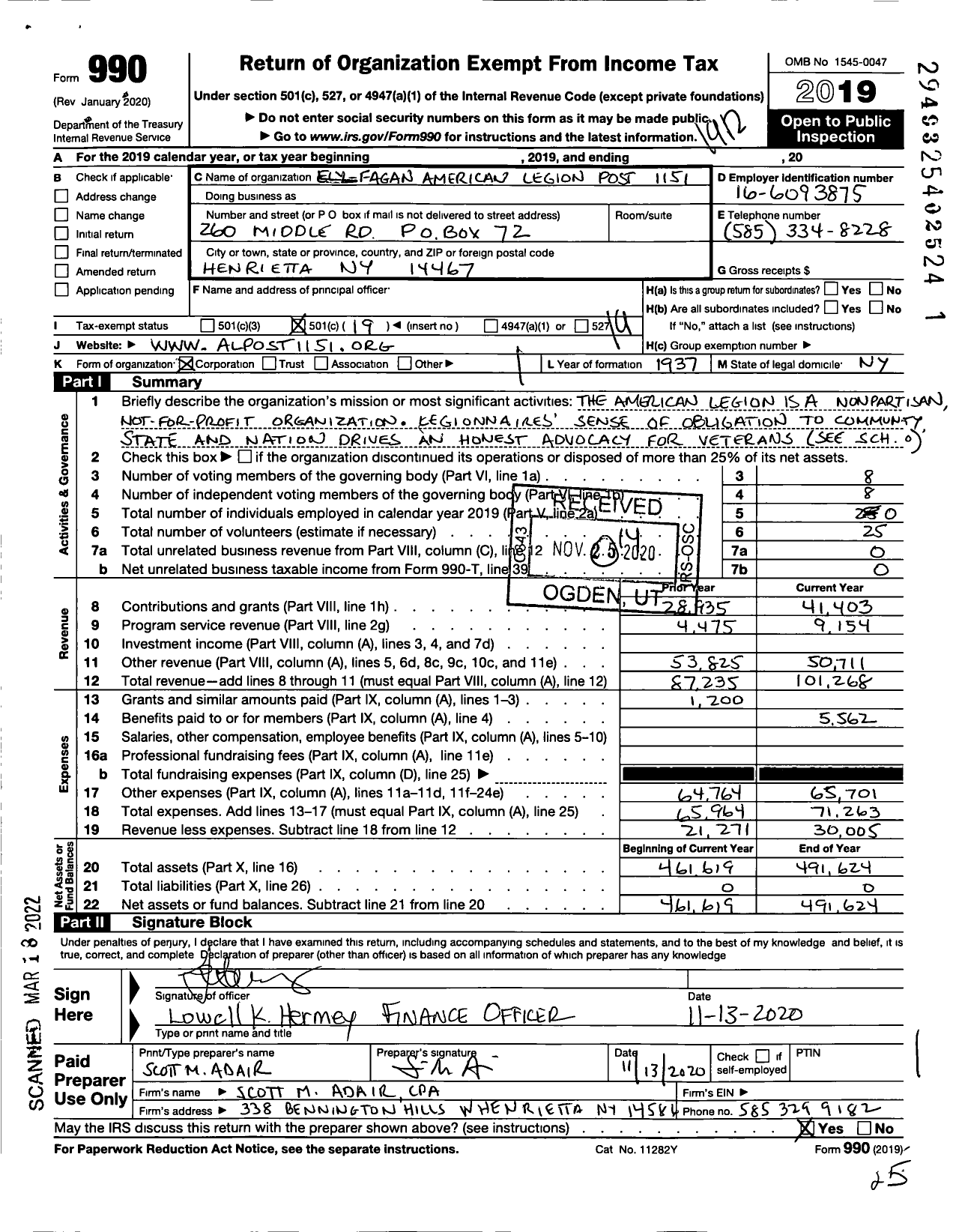 Image of first page of 2019 Form 990O for American Legion - 1151 Ely-Fagan