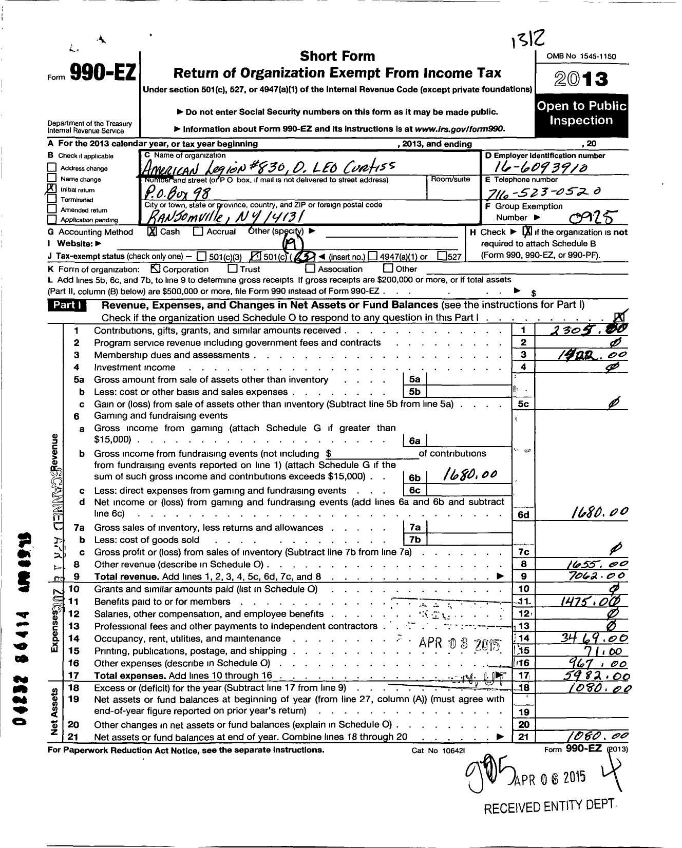 Image of first page of 2013 Form 990EO for American Legion - 830 Leo Curtis Post