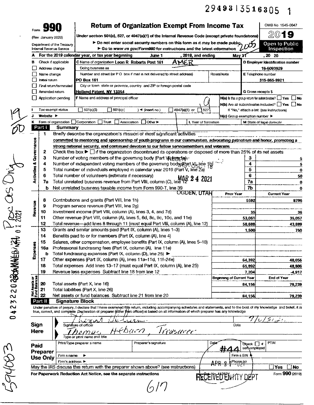 Image of first page of 2019 Form 990O for American Legion - Leon R Roberts Post 161