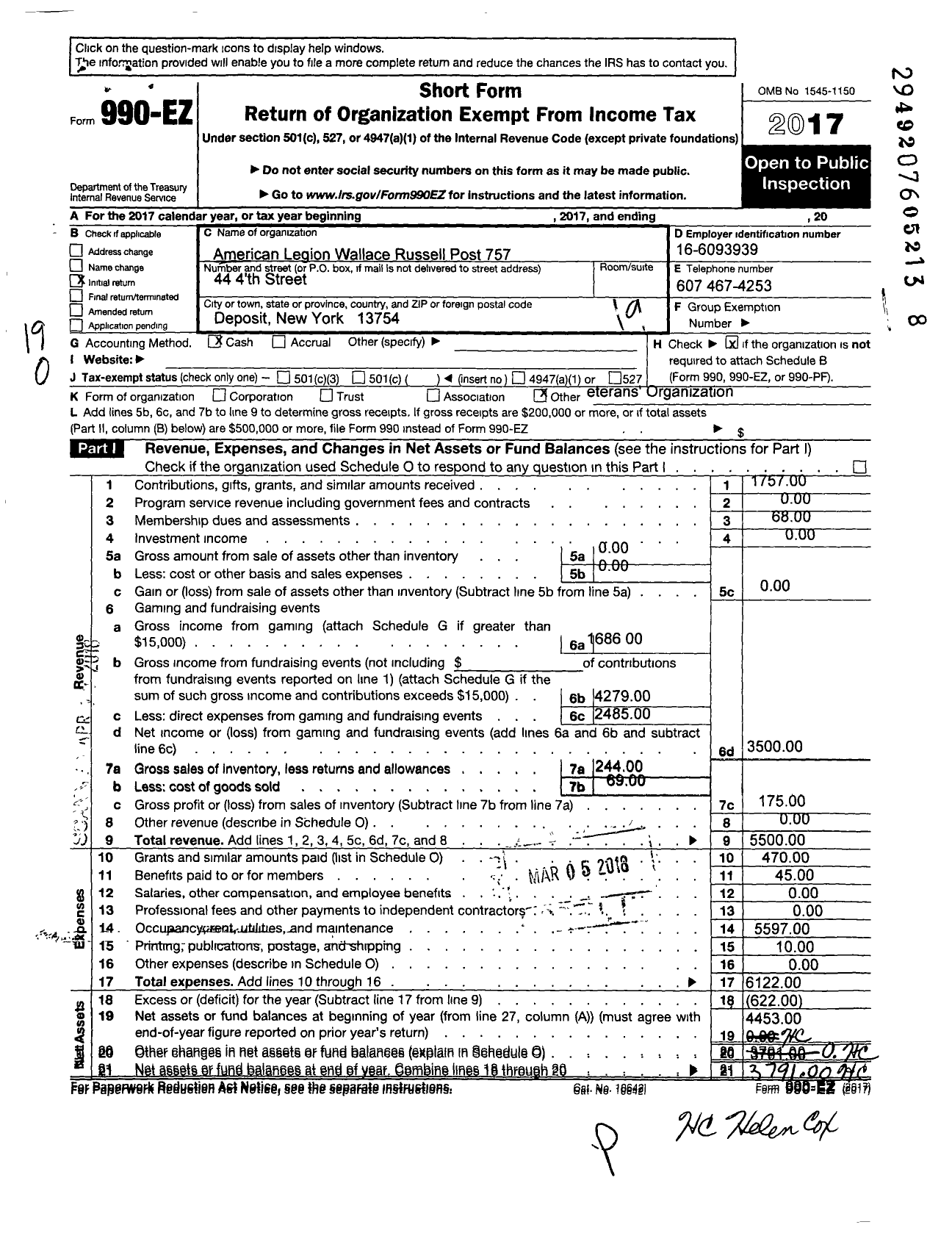 Image of first page of 2017 Form 990EO for American Legion - 757 Wallace Post