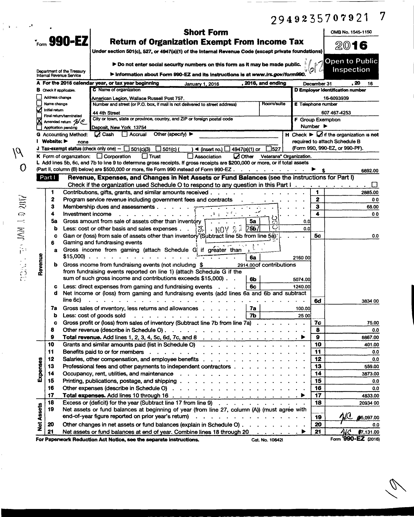 Image of first page of 2016 Form 990EO for American Legion - 757 Wallace Post