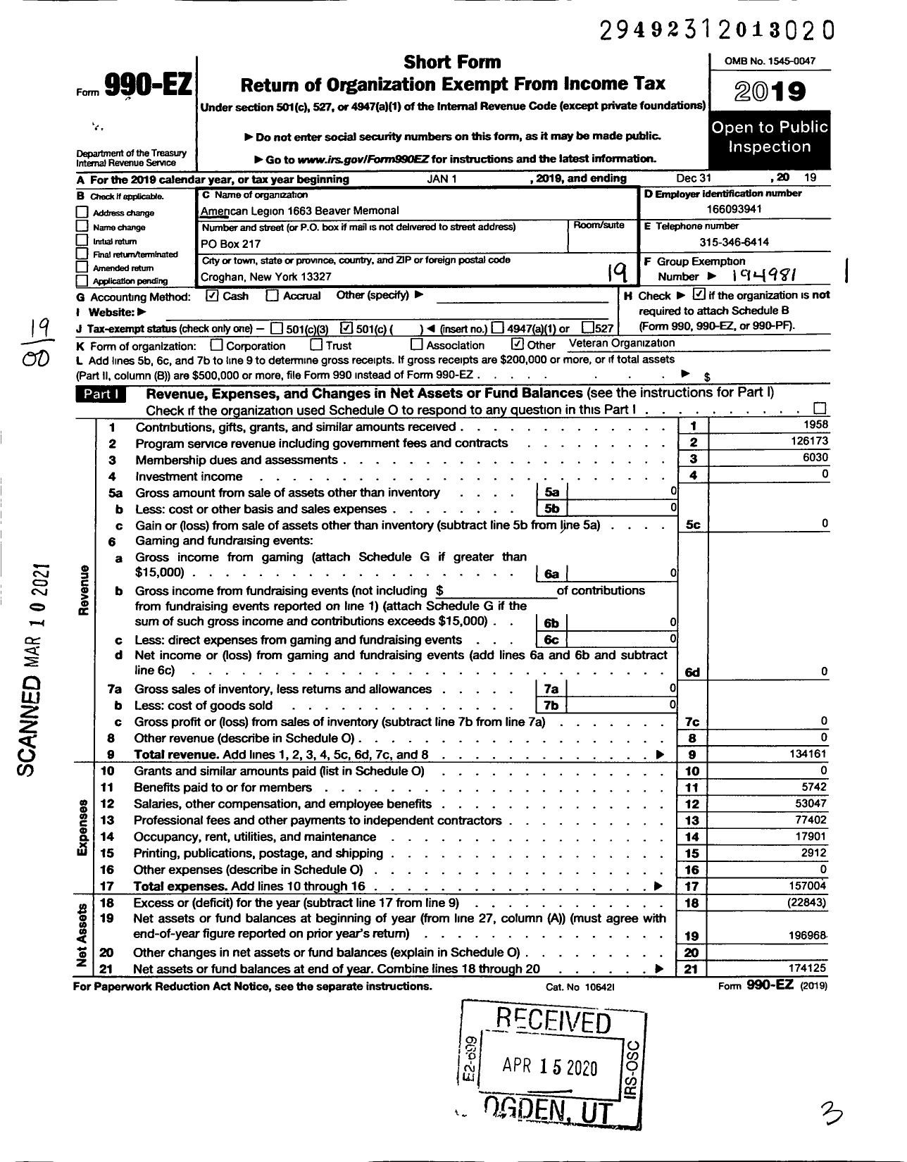 Image of first page of 2019 Form 990EO for American Legion - 1663 Beaver River Memorial Post