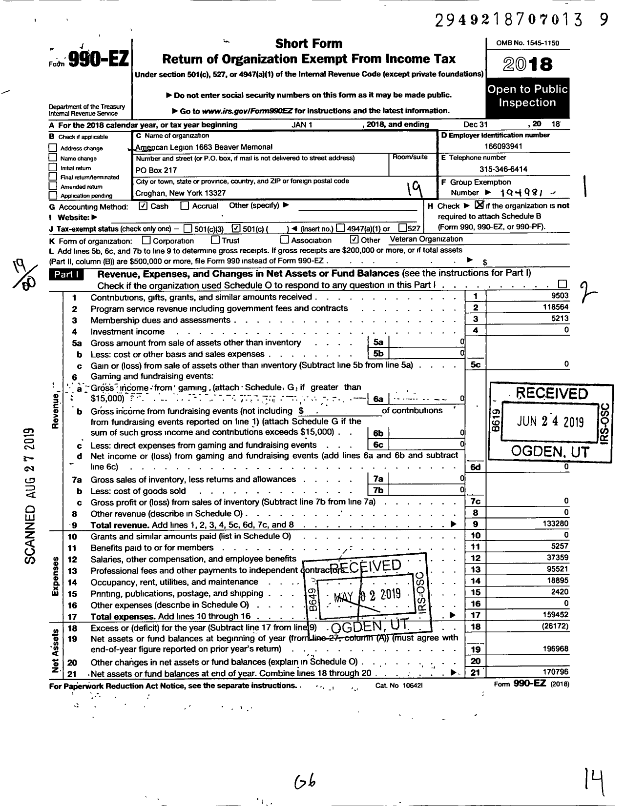 Image of first page of 2018 Form 990EO for American Legion - 1663 Beaver River Memorial Post