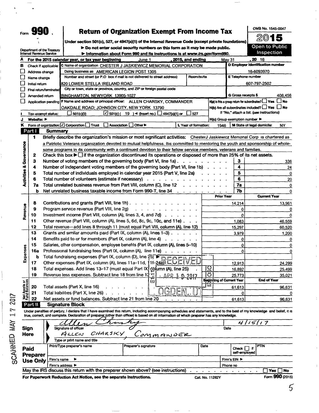 Image of first page of 2015 Form 990O for American Legion - Chester J Jaskiewicz Memorial Corporation