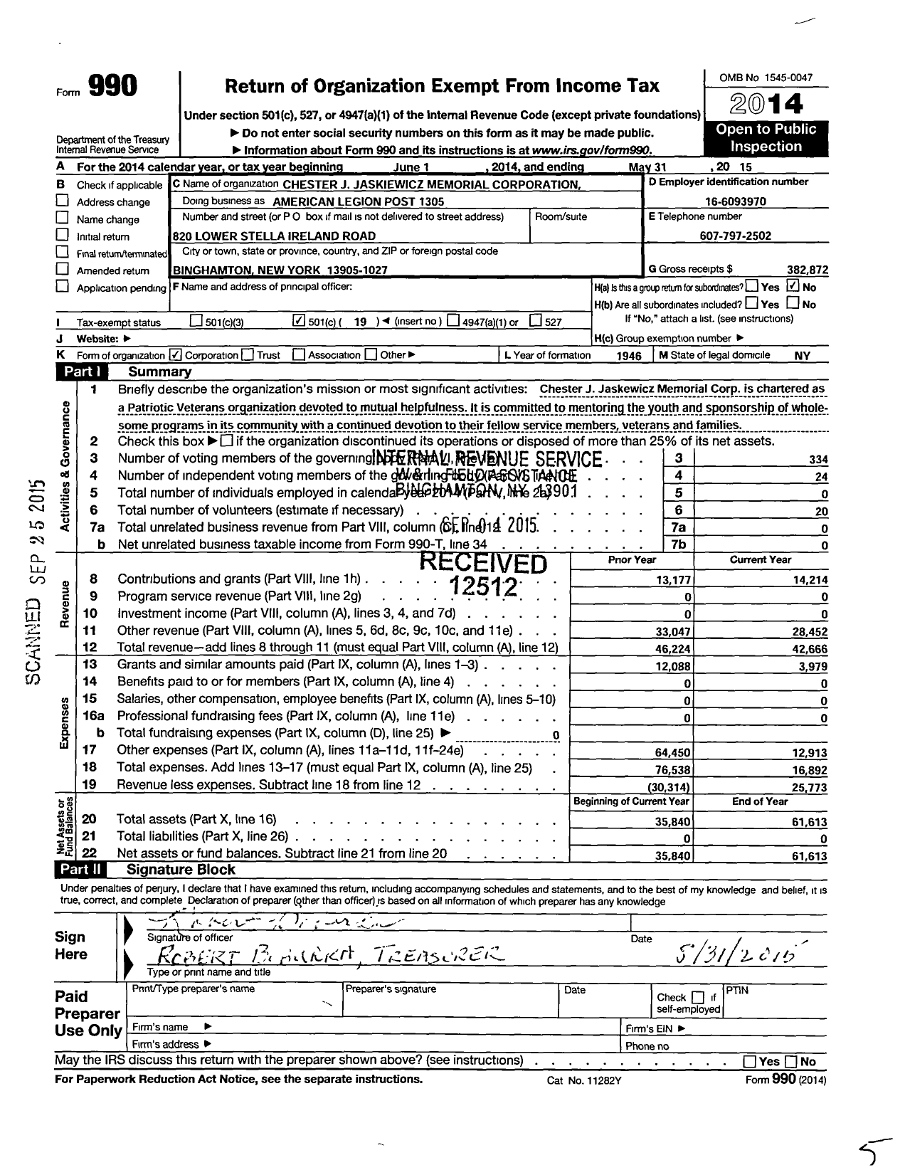 Image of first page of 2014 Form 990O for American Legion - Chester J Jaskiewicz Memorial Corporation