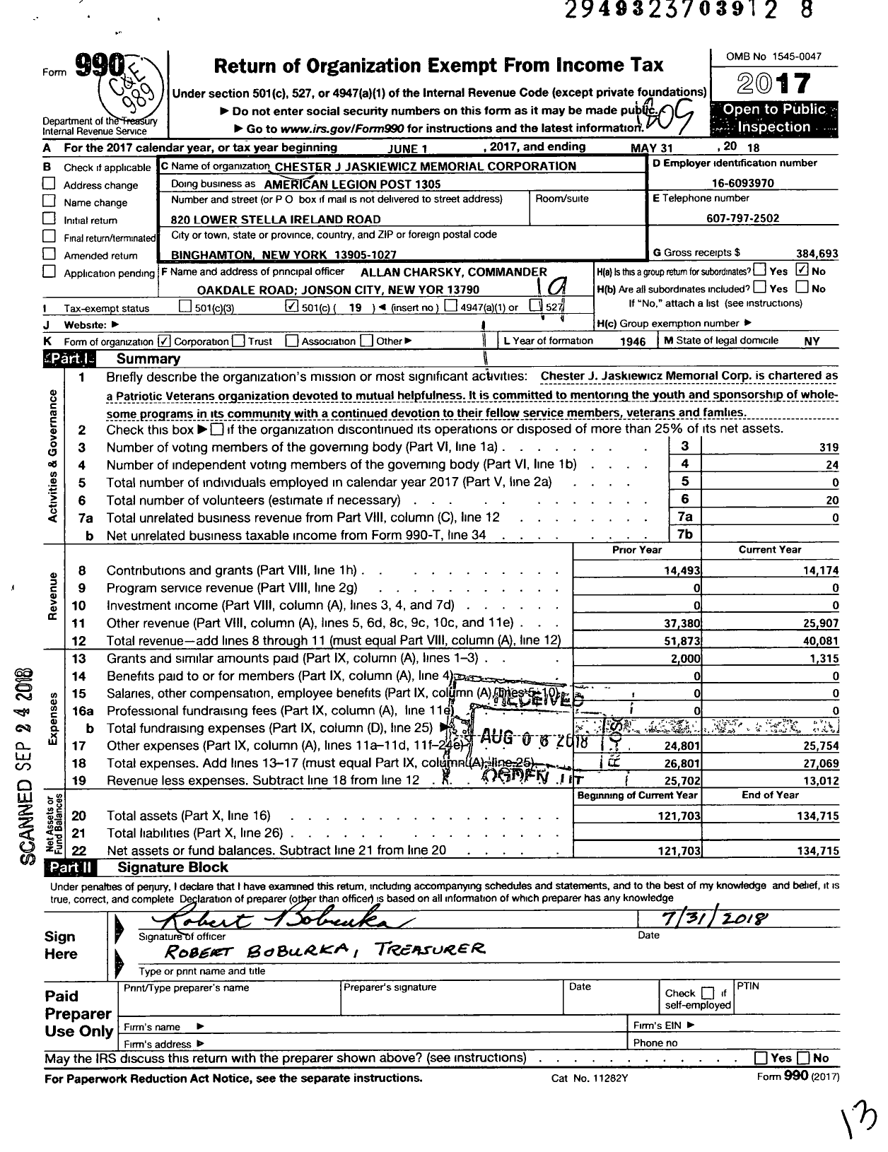 Image of first page of 2017 Form 990O for American Legion - Chester J Jaskiewicz Memorial Corporation