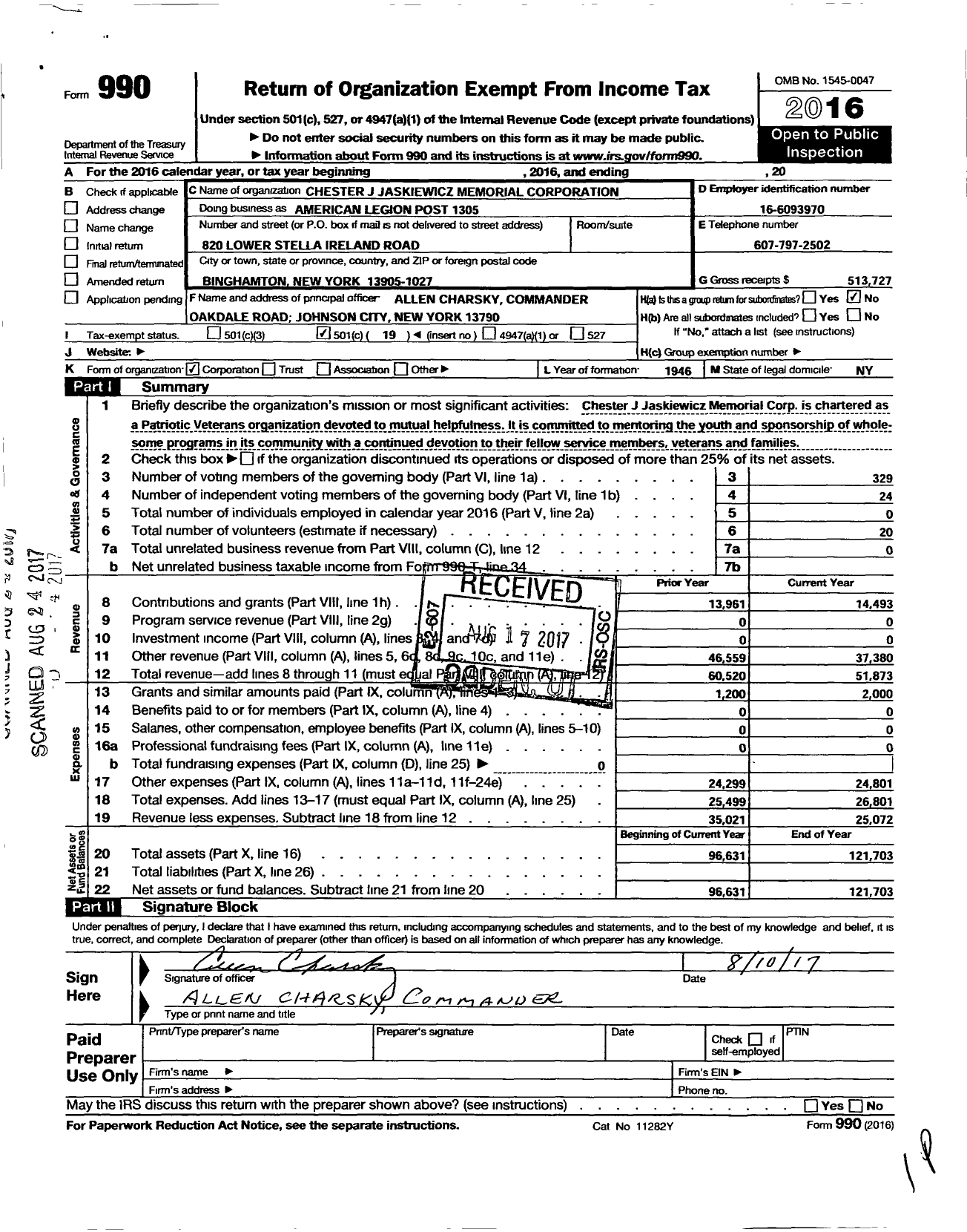 Image of first page of 2016 Form 990O for American Legion - Chester J Jaskiewicz Memorial Corporation