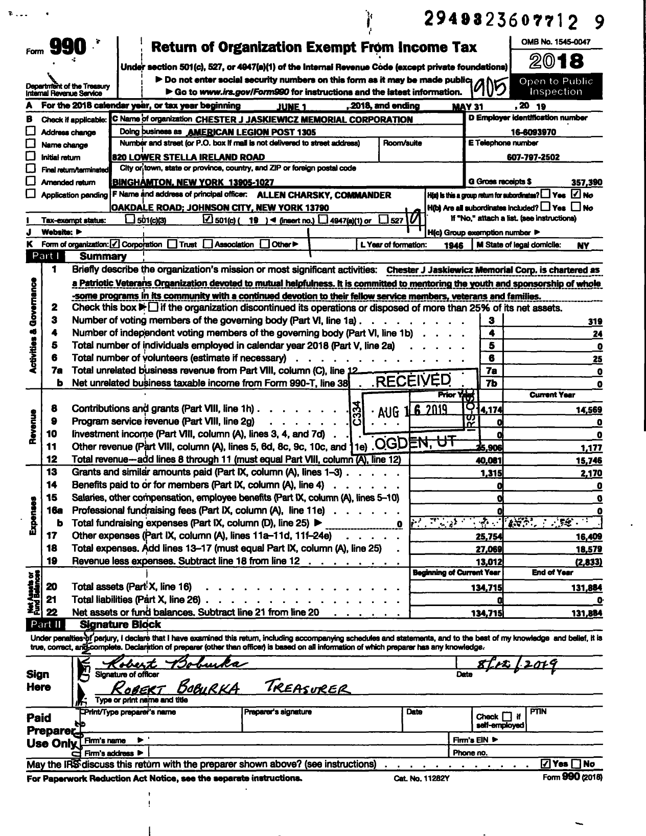 Image of first page of 2018 Form 990O for American Legion - Chester J Jaskiewicz Memorial Corporation