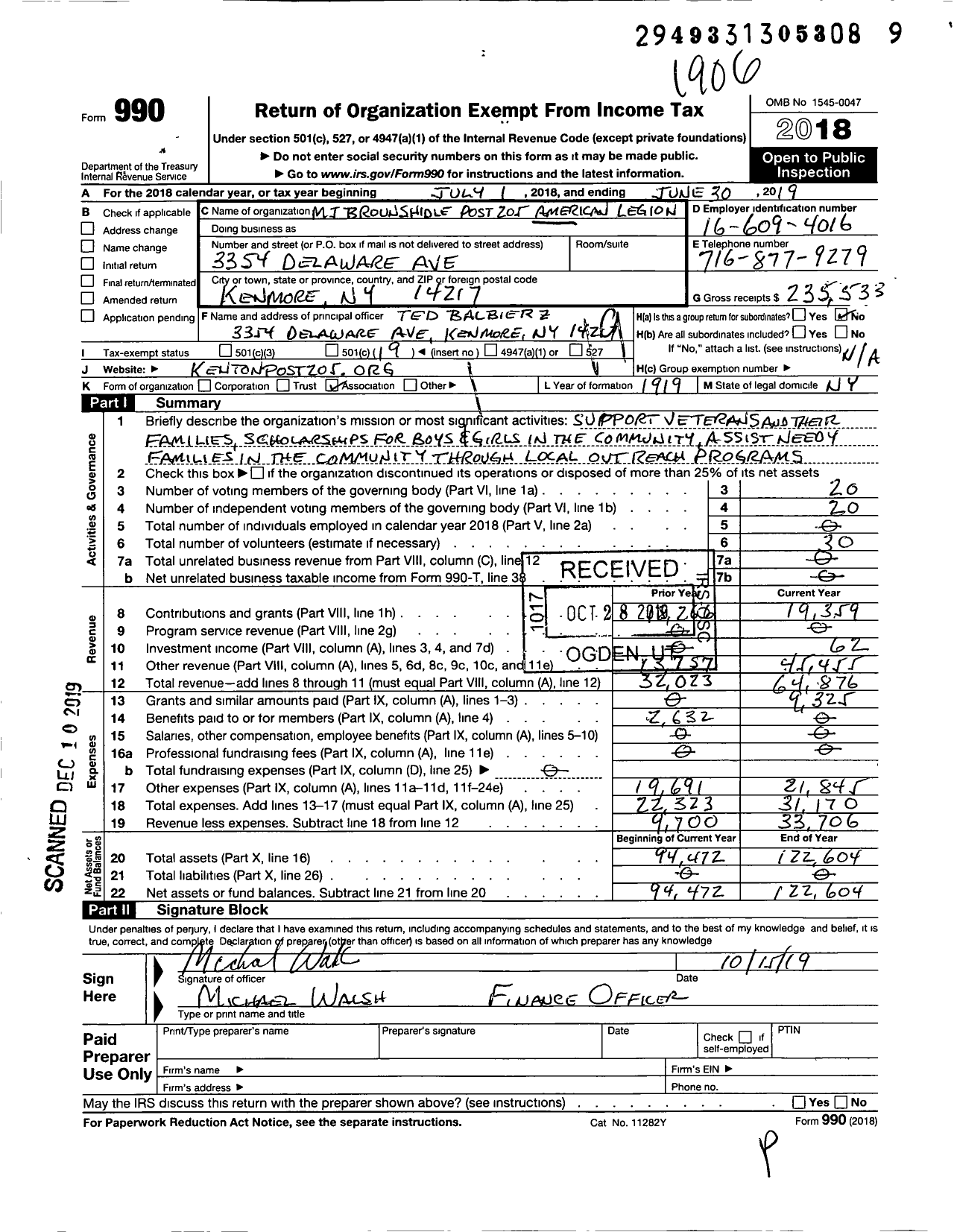 Image of first page of 2018 Form 990O for American Legion - 205 MJ Brounshidle Post