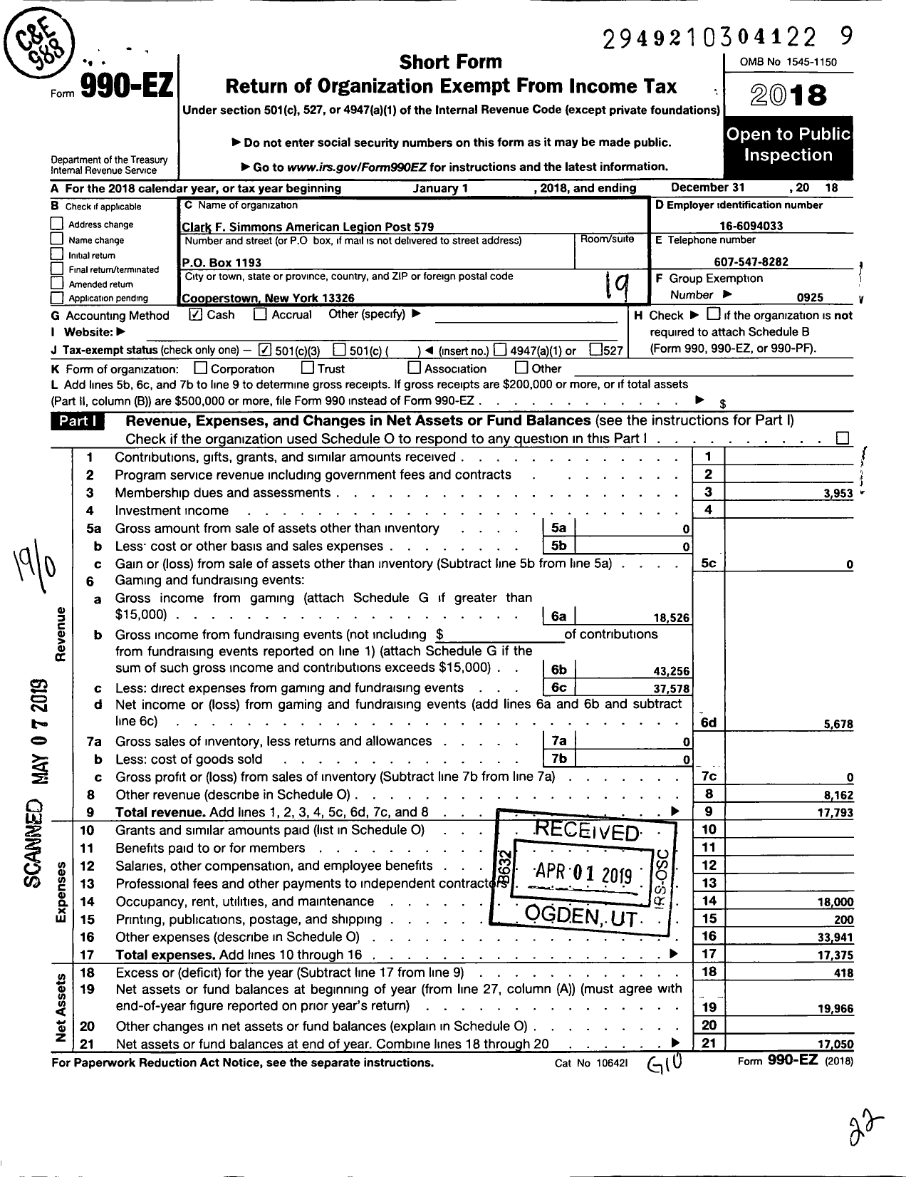 Image of first page of 2018 Form 990EO for American Legion Post 579